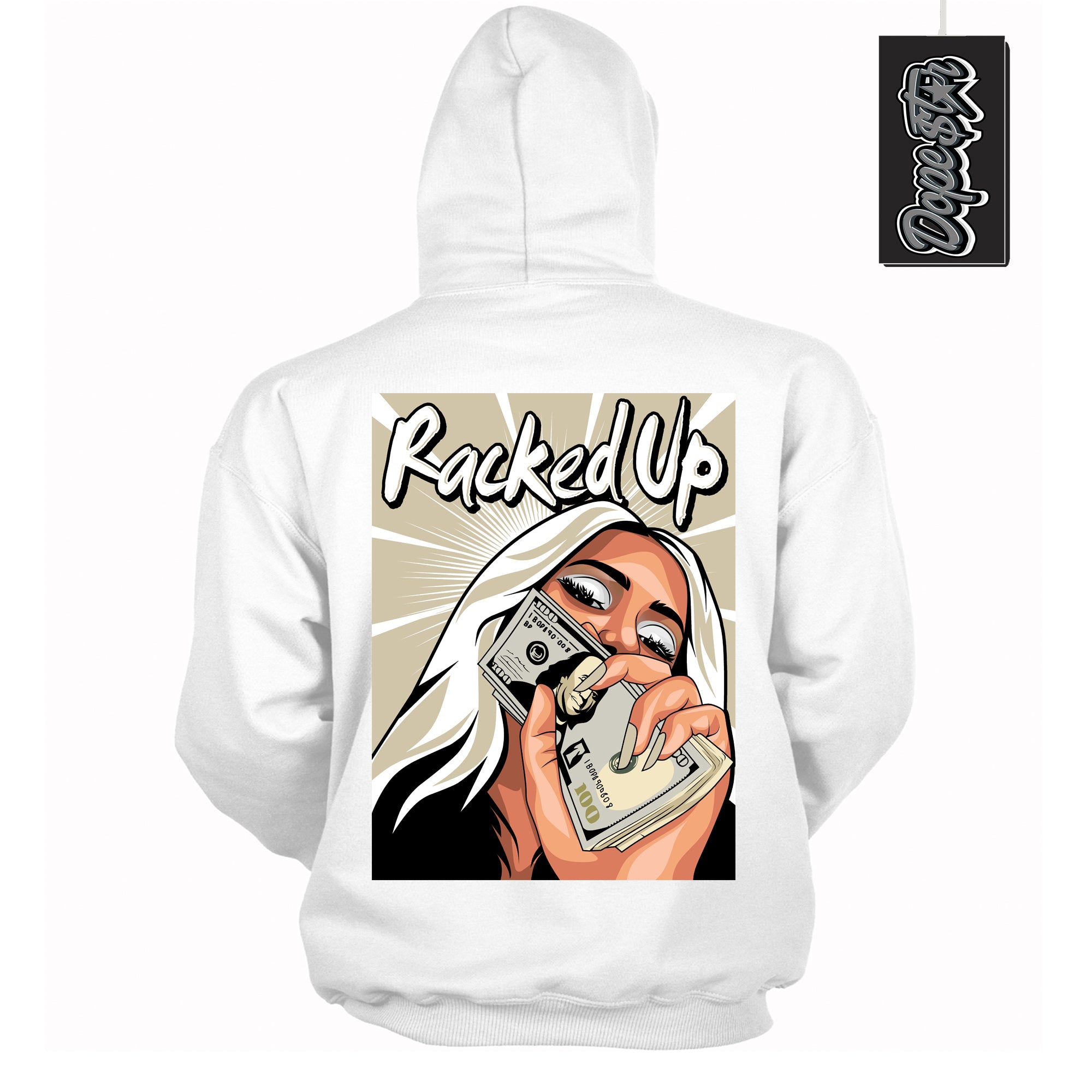 Cool White Hoodie with “ Racked Up ” design that Perfectly Matches Gratitude 11s Sneakers.