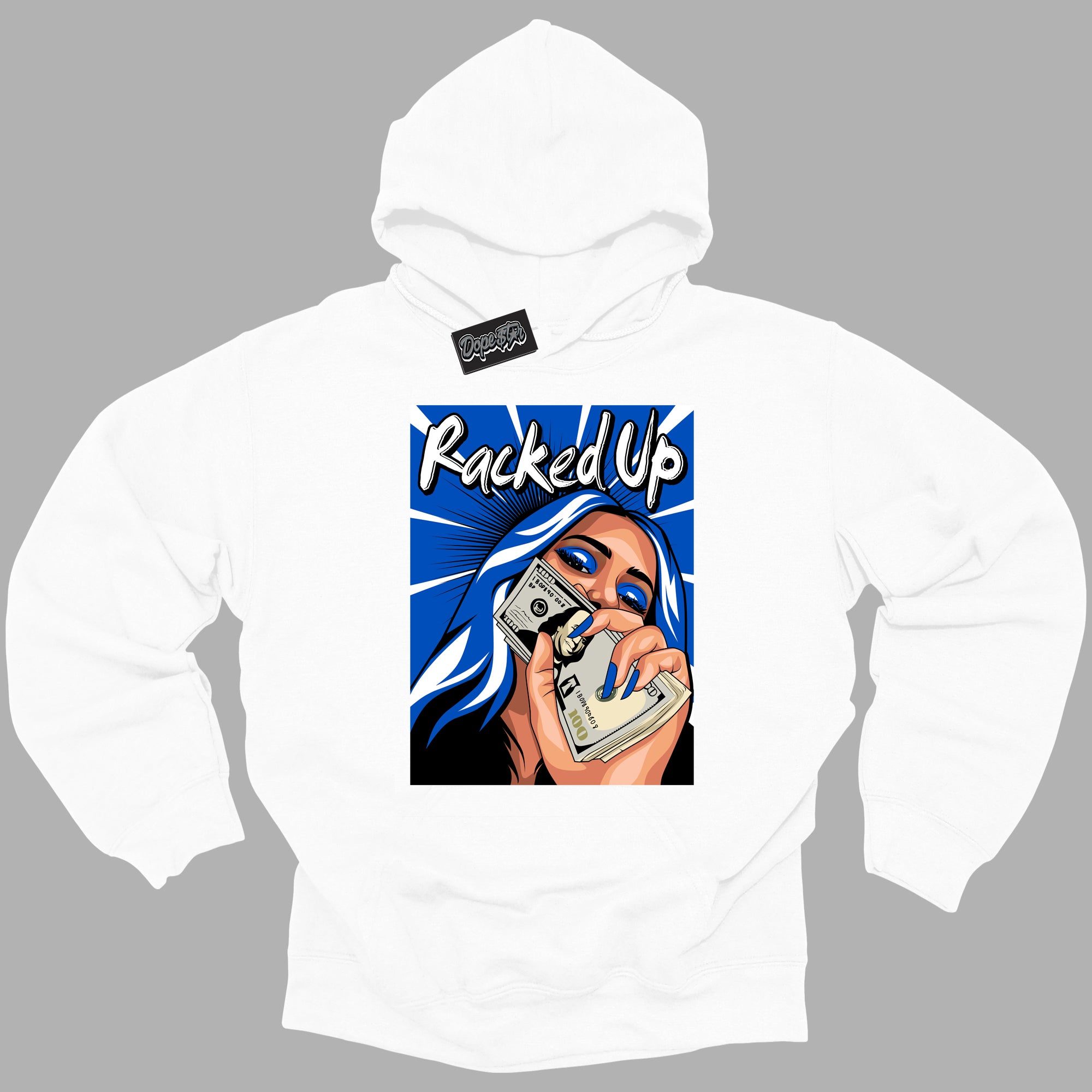 Cool White Hoodie with “ Racked Up ” design that Perfectly Matches Royal Reimagined 1s Sneakers.