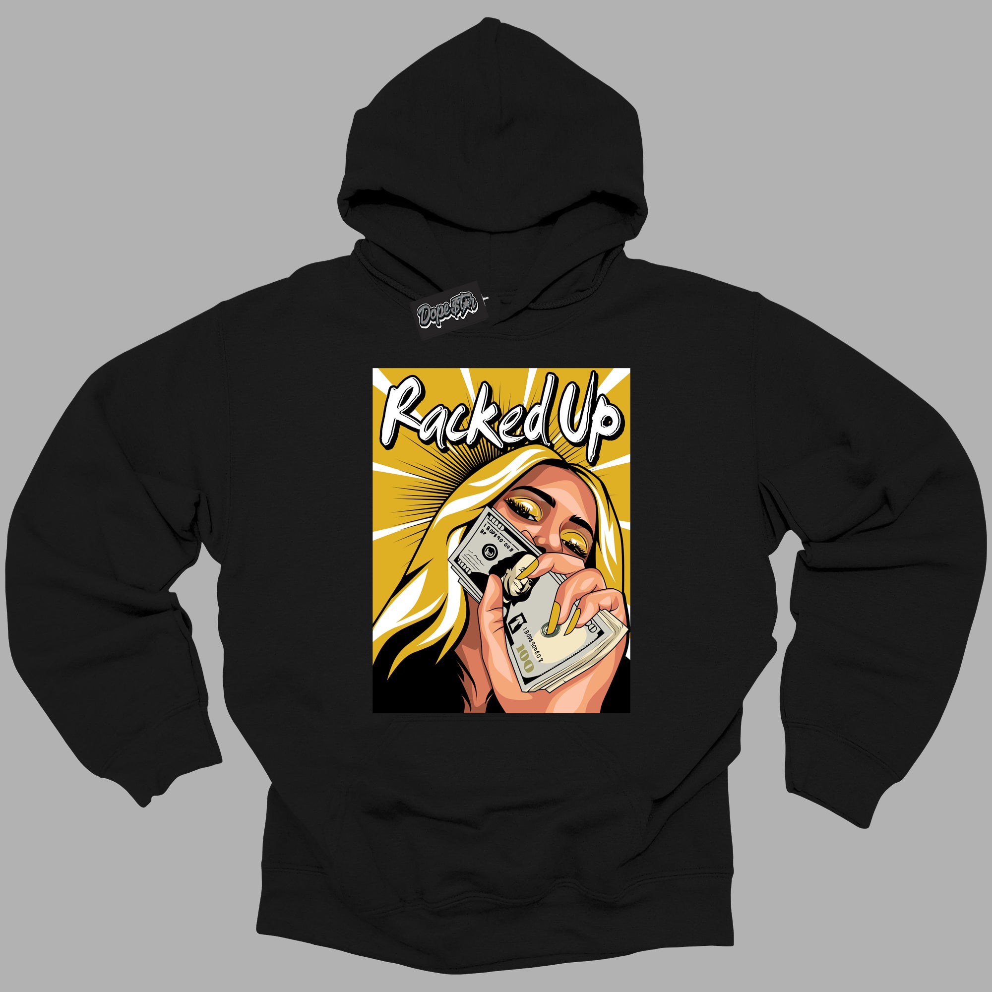 Cool Black Hoodie with “Racked Up ” design that Perfectly Matches Yellow Ochre 6s Sneakers.
