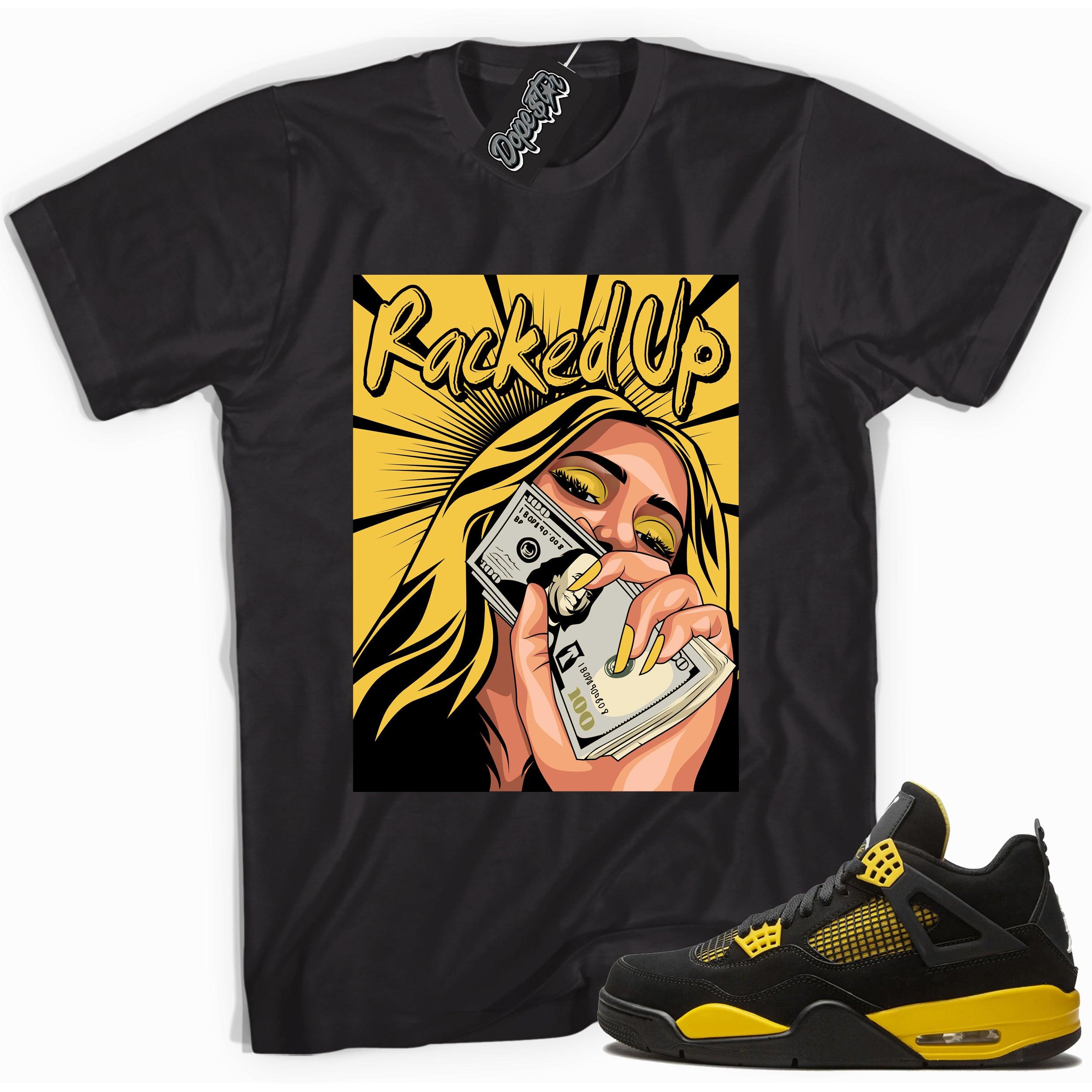 Cool black graphic tee with 'racked up' print, that perfectly matches Air Jordan 4 Thunder sneakers