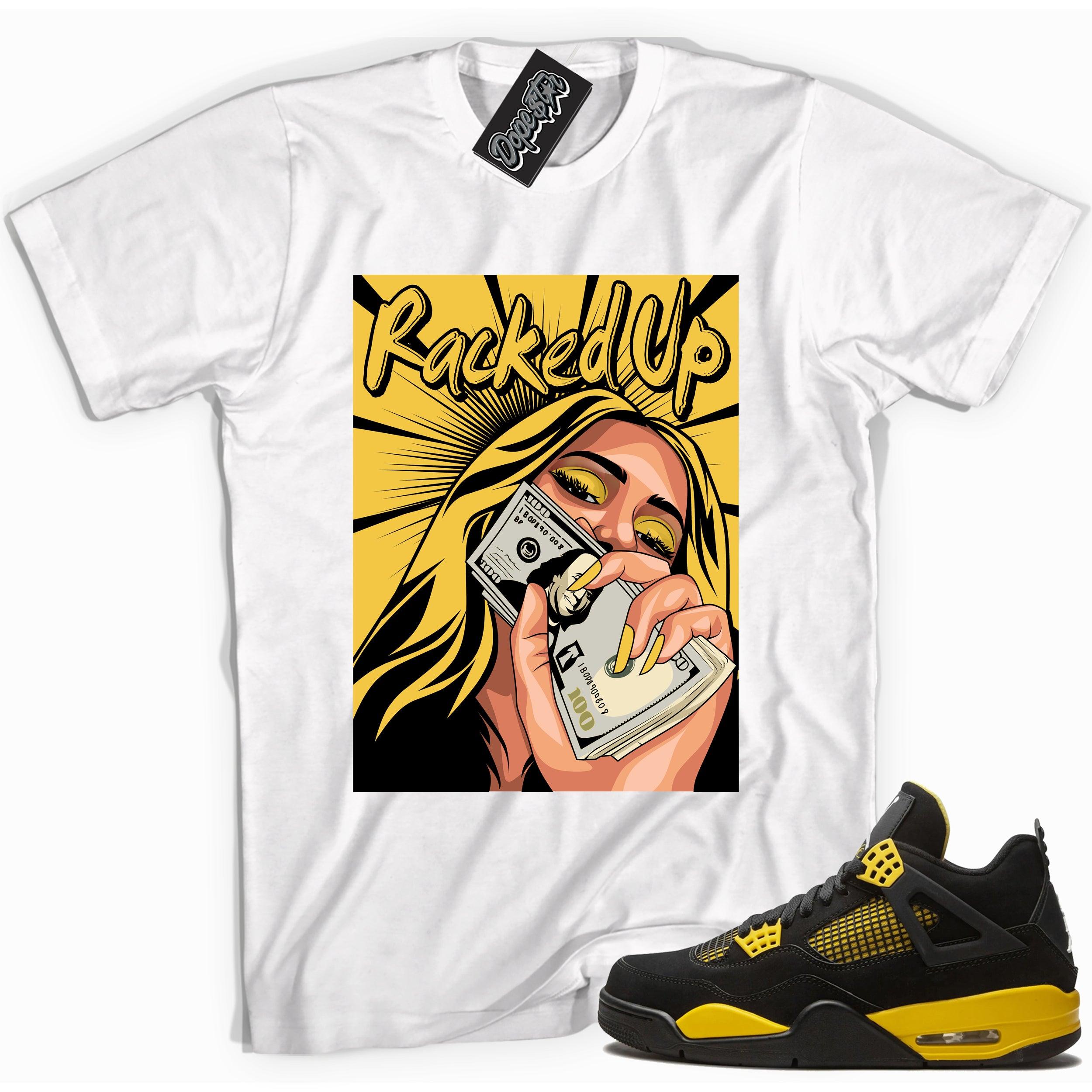 Cool white graphic tee with 'racked up' print, that perfectly matches Air Jordan 4 Thunder sneakers
