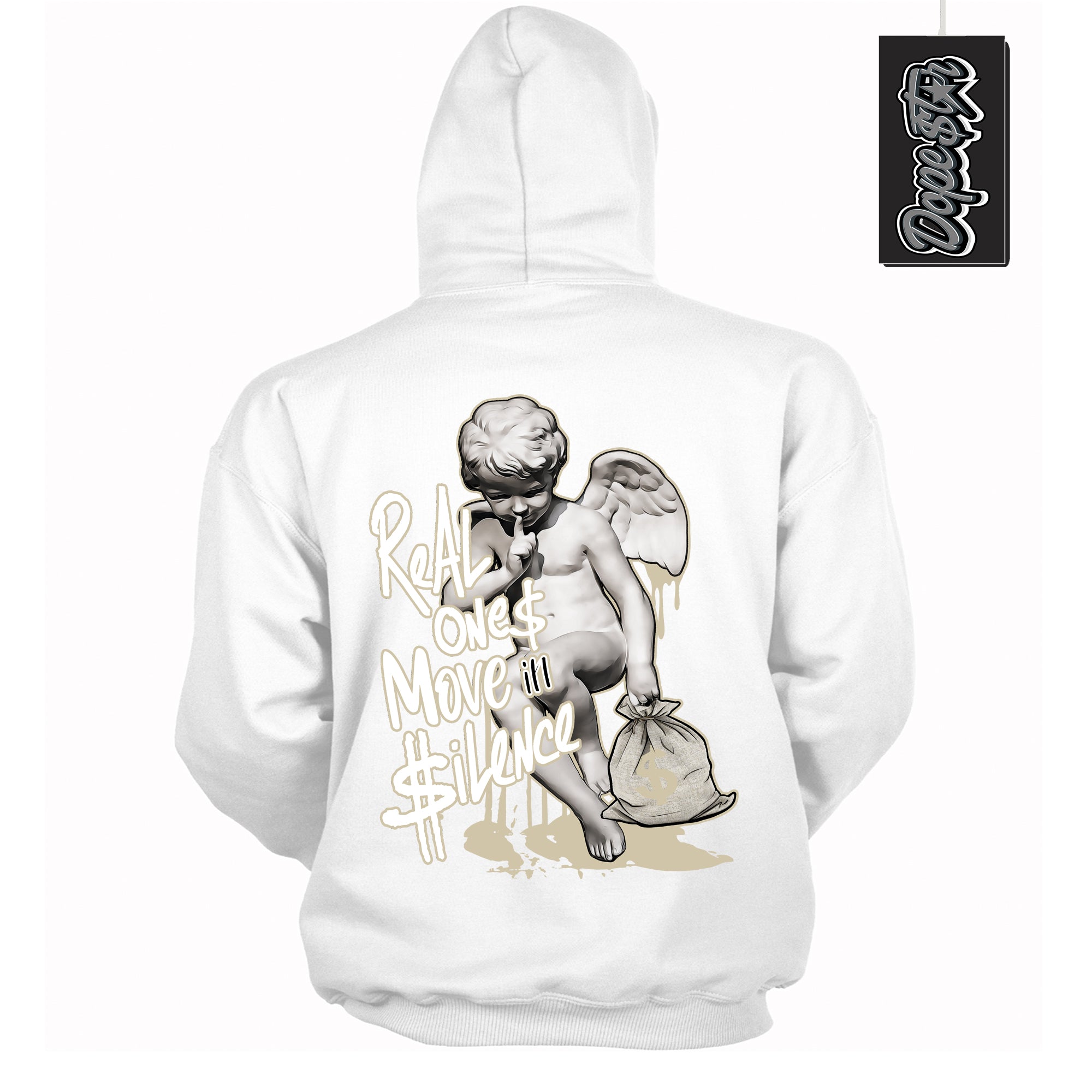 Cool White Hoodie with “ Real Ones Cherub ” design that Perfectly Matches Gratitude 11s Sneakers.