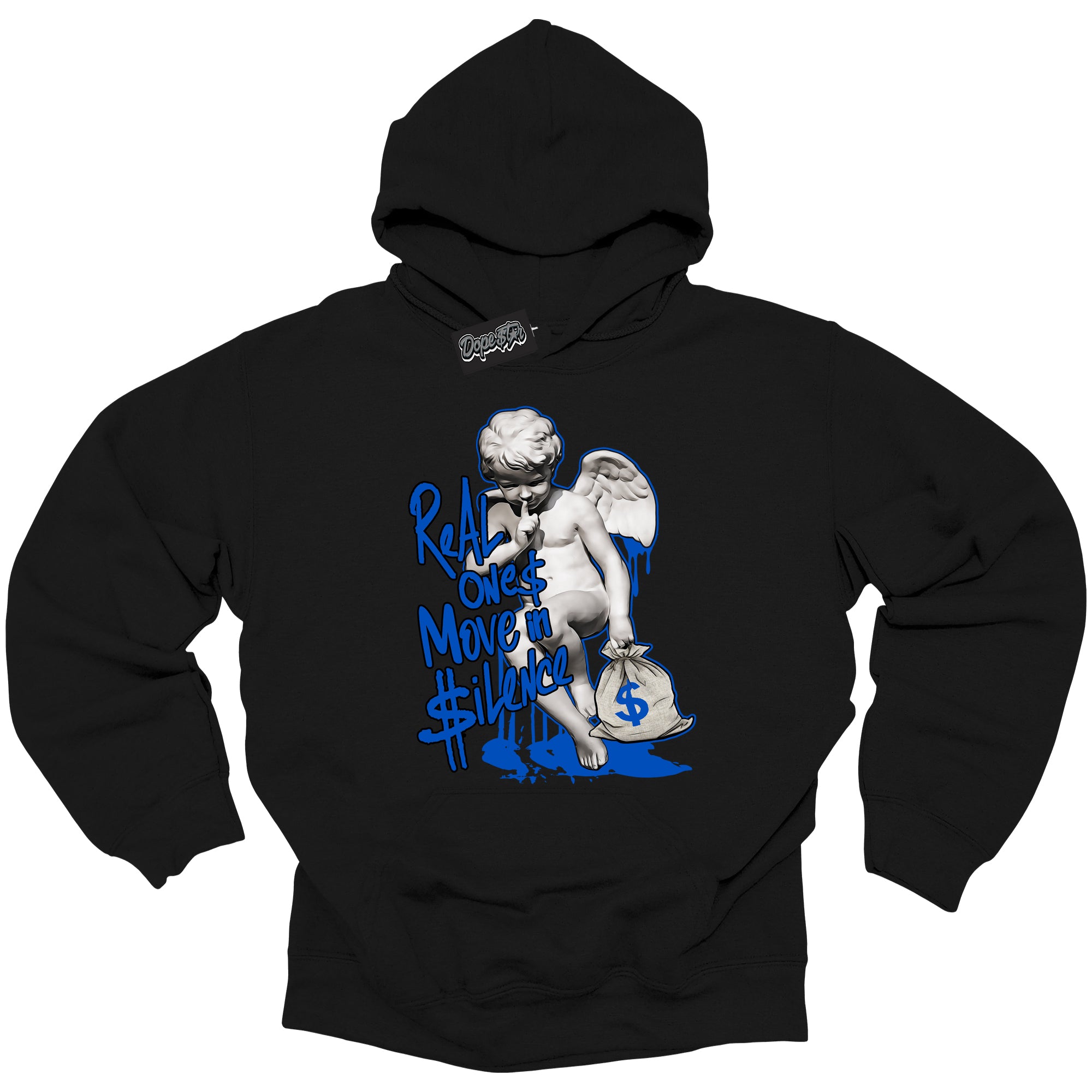 Cool Black Hoodie with “ Real Ones Cherub ” design that Perfectly Matches Royal Reimagined 1s Sneakers.