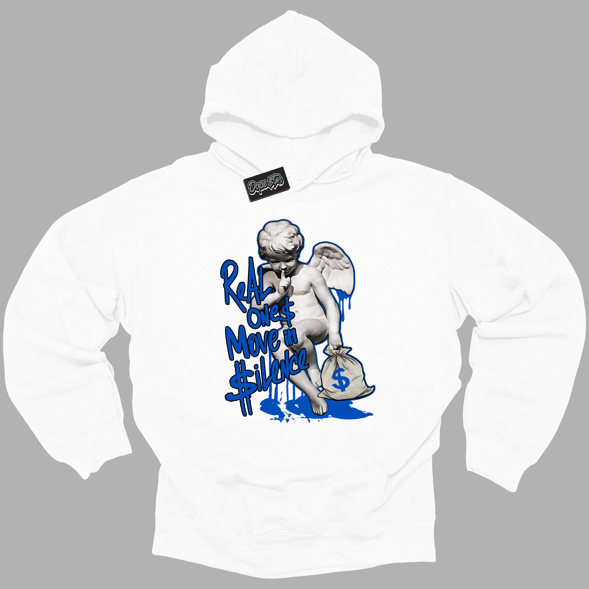 Cool White Hoodie with “ Real Ones Cherub ” design that Perfectly Matches Royal Reimagined 1s Sneakers.