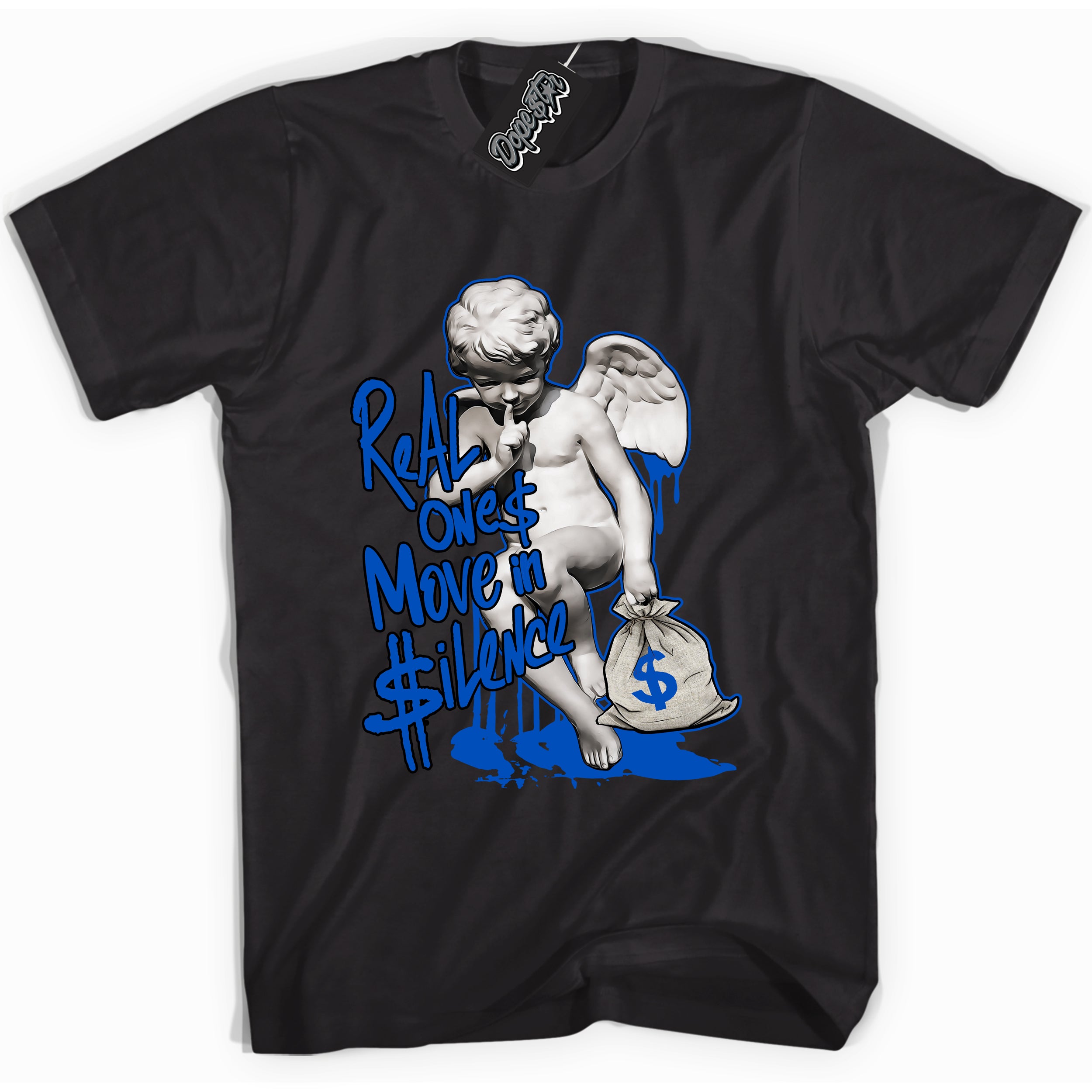 Cool Black graphic tee with "Real Ones Cherub" design, that perfectly matches Royal Reimagined 1s sneakers