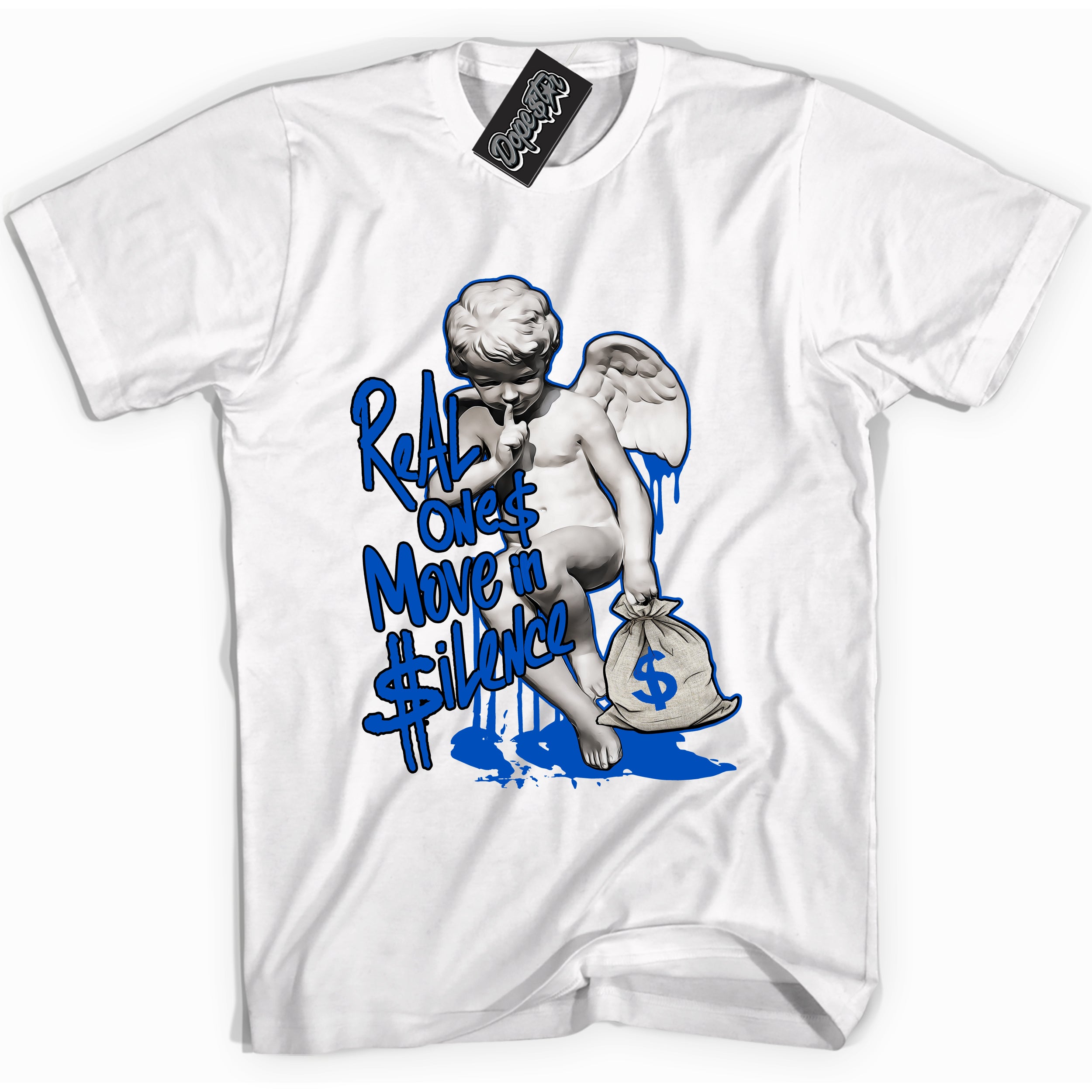 Cool White graphic tee with "Real Ones Cherub" design, that perfectly matches Royal Reimagined 1s sneakers