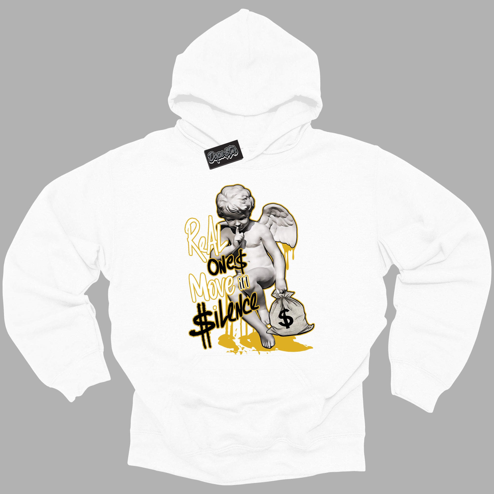 Cool White Hoodie with “ Real Ones Cherub ” design that Perfectly Matches Yellow Ochre 6s Sneakers.