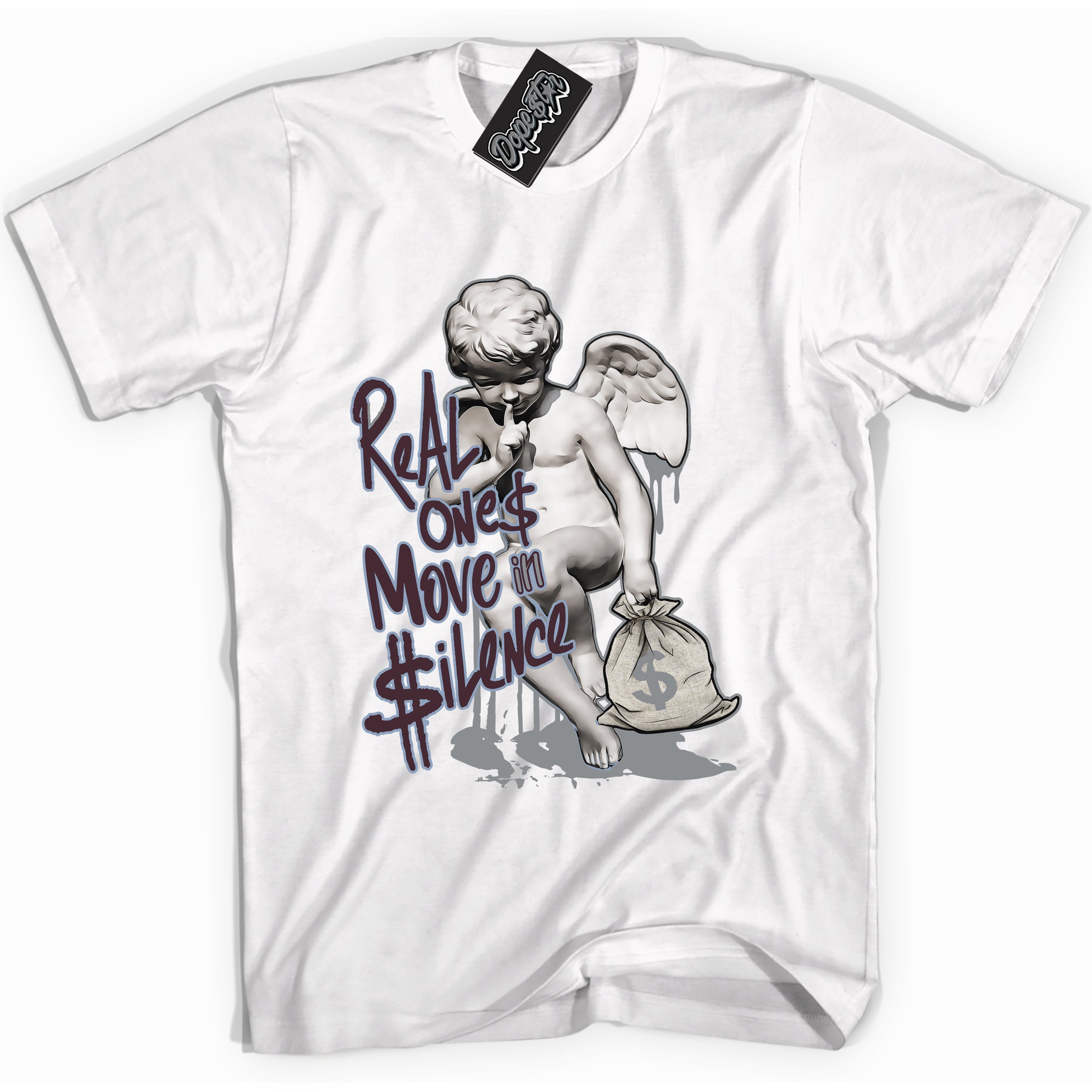 Cool White Shirt with “ Real Ones Cherub” design that perfectly matches Burgundy 5s Sneakers.