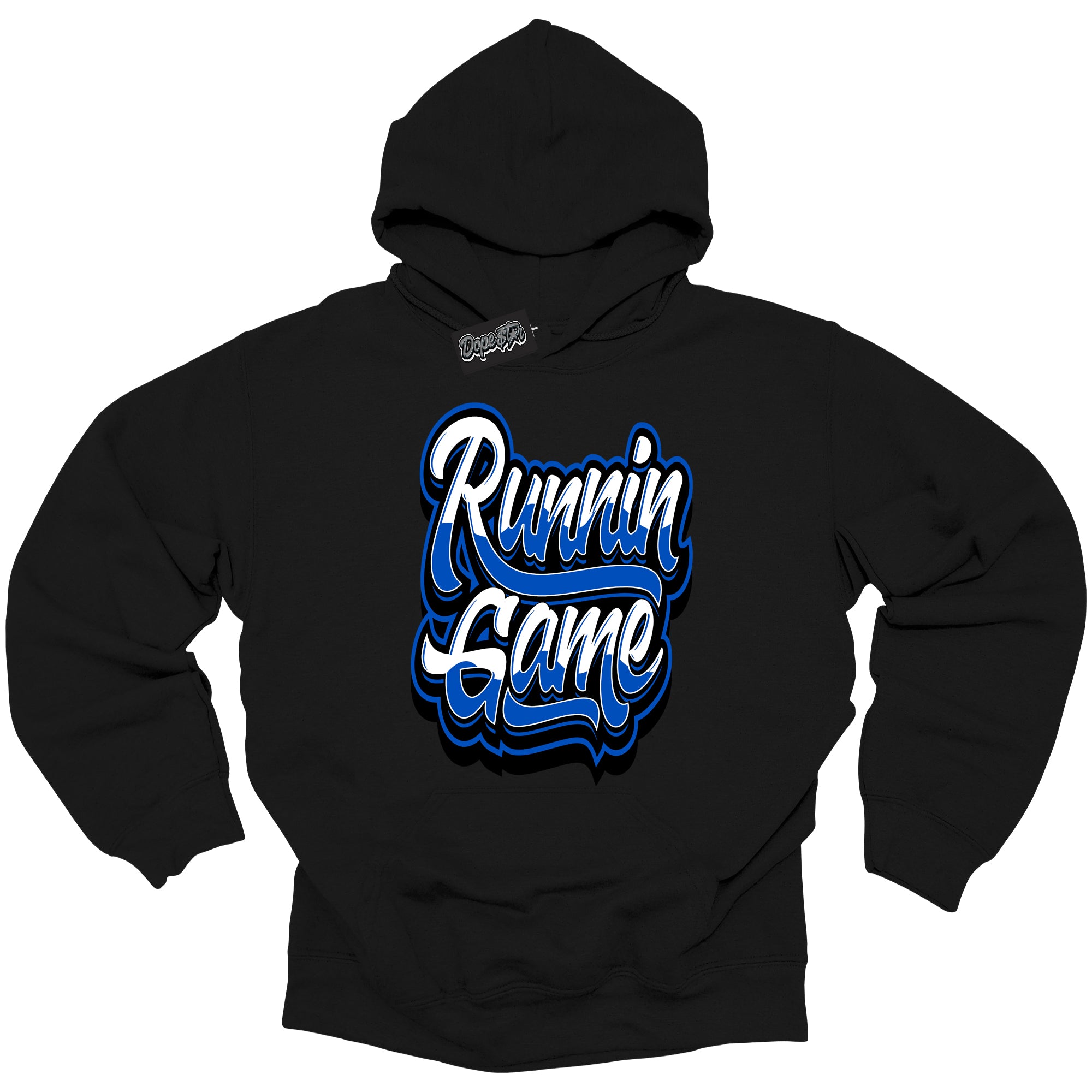 Cool Black Hoodie with “ Running Game ” design that Perfectly Matches Royal Reimagined 1s Sneakers.