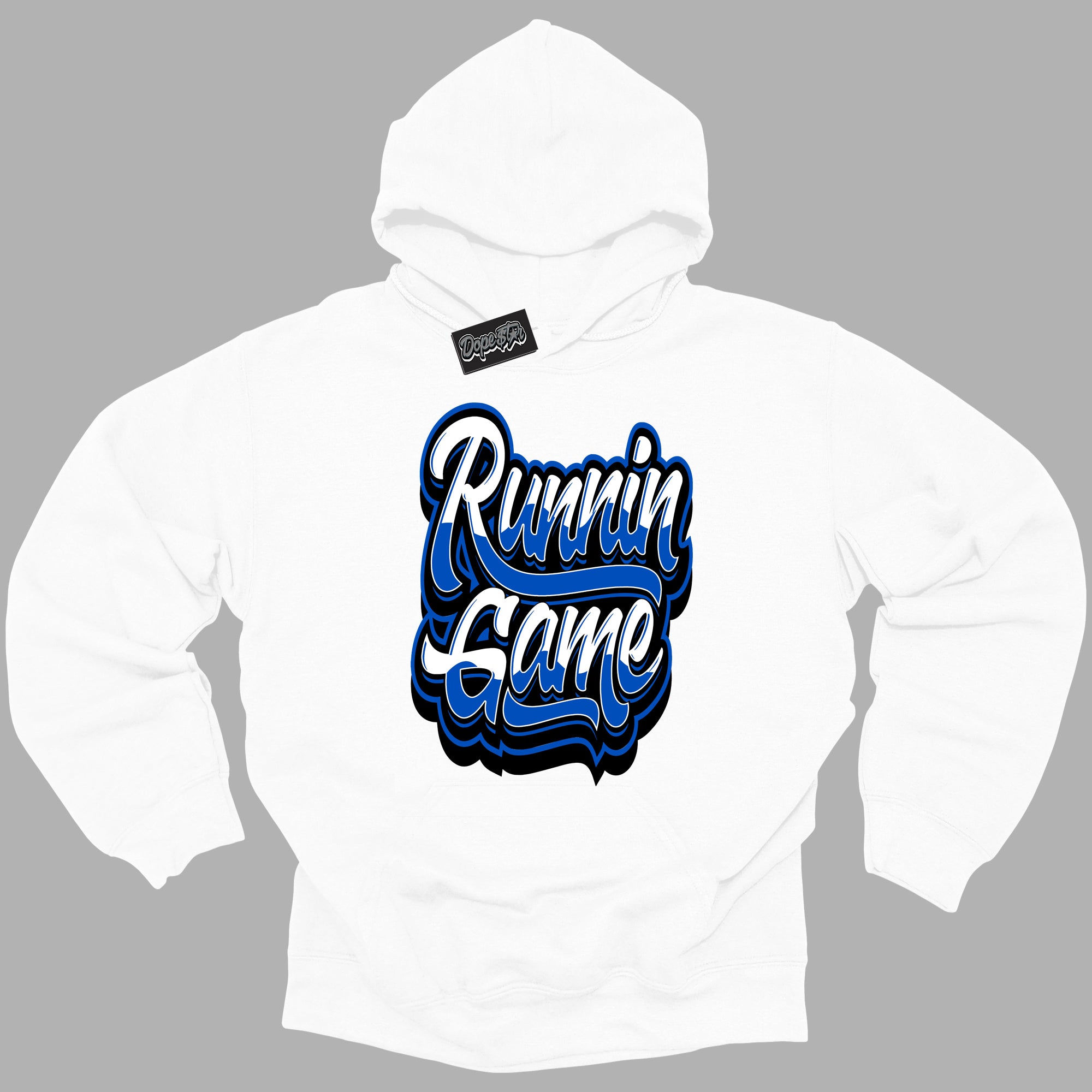 Cool White Hoodie with “ Running Game ” design that Perfectly Matches Royal Reimagined 1s Sneakers.