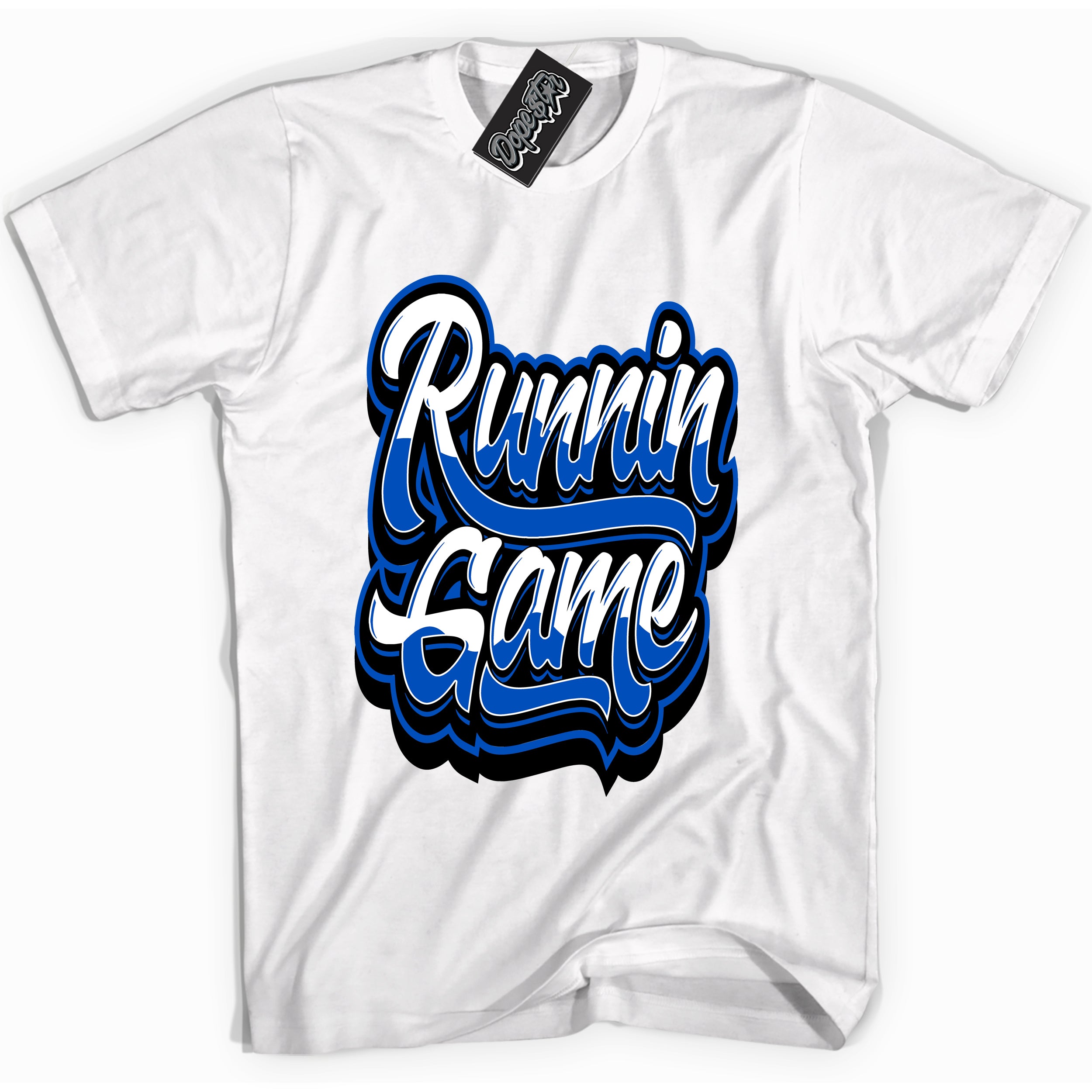 Cool White graphic tee with "Running Game" design, that perfectly matches Royal Reimagined 1s sneakers