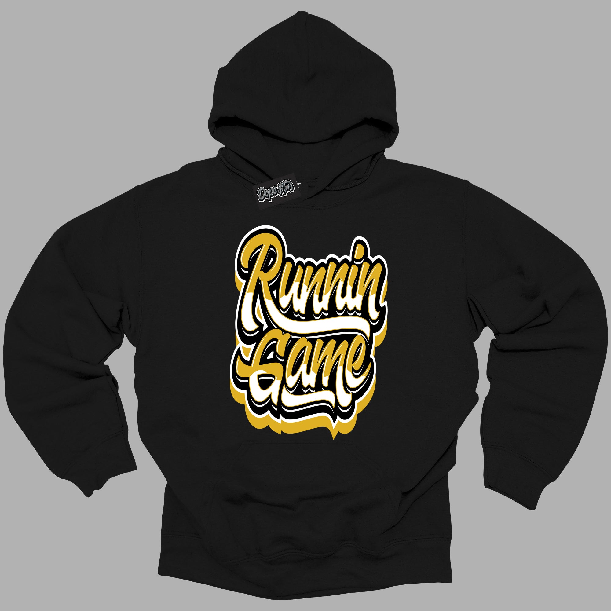 Cool Black Hoodie with “ Running Game ” design that Perfectly Matches Yellow Ochre 6s Sneakers.