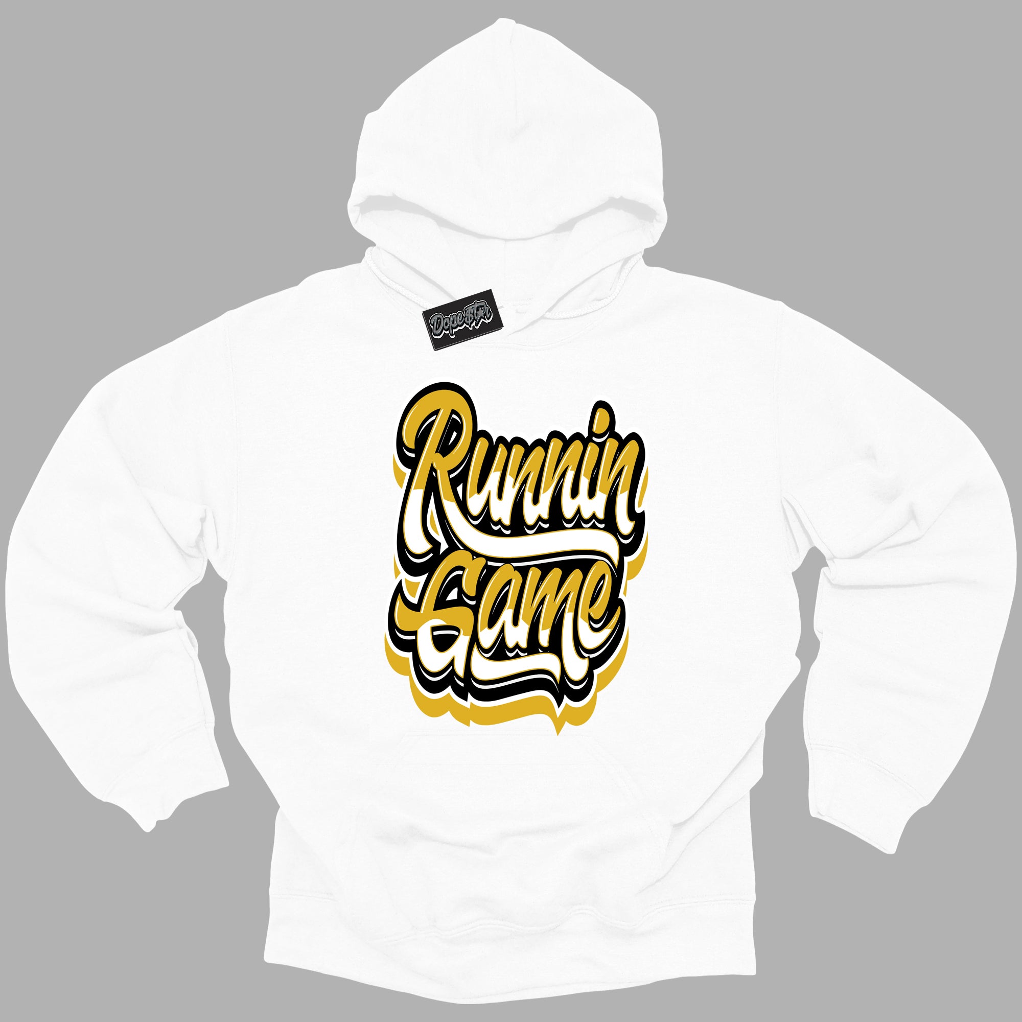 Cool White Hoodie with “ Running Game ” design that Perfectly Matches Yellow Ochre 6s Sneakers.