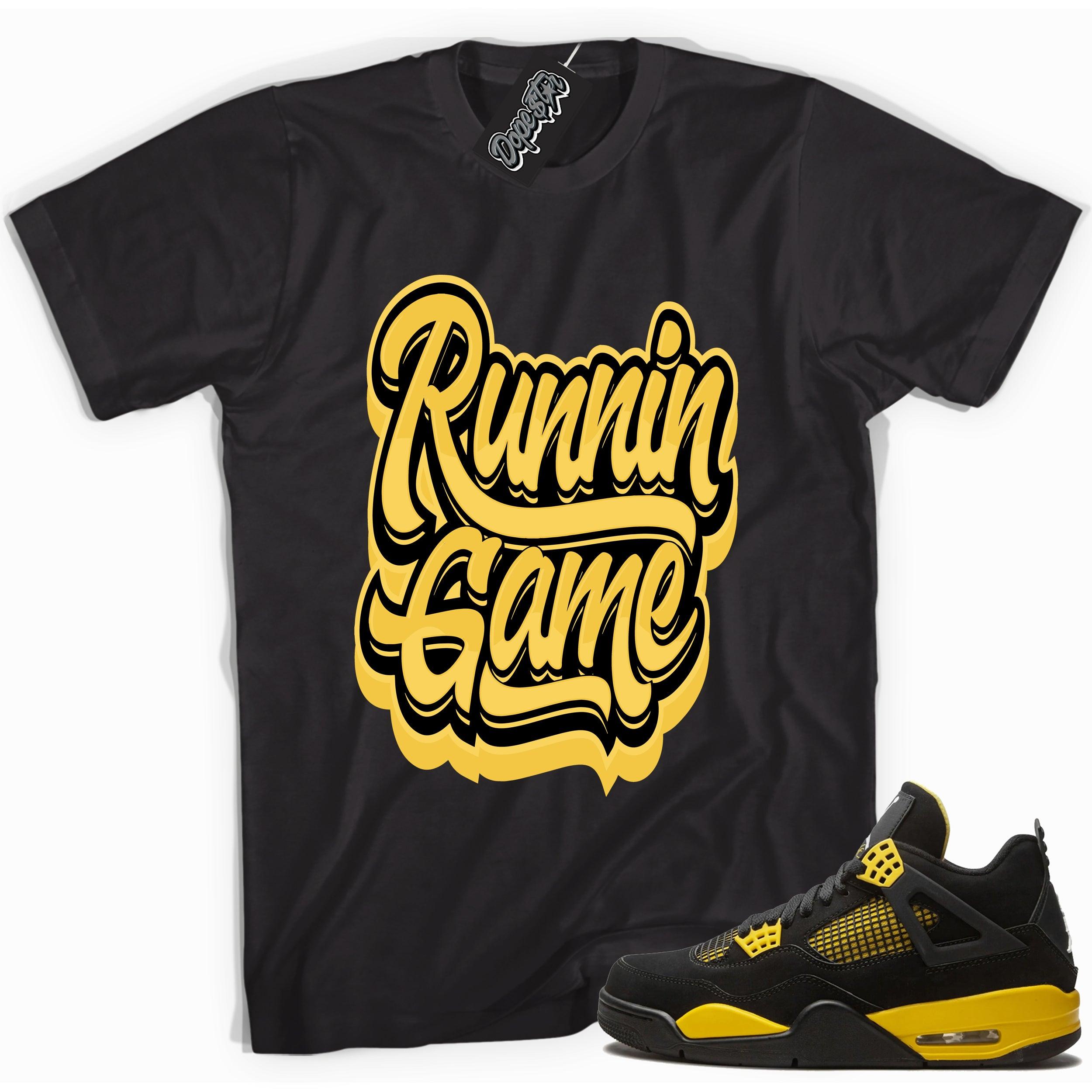 Cool black graphic tee with 'running game' print, that perfectly matches Air Jordan 4 Thunder sneakers