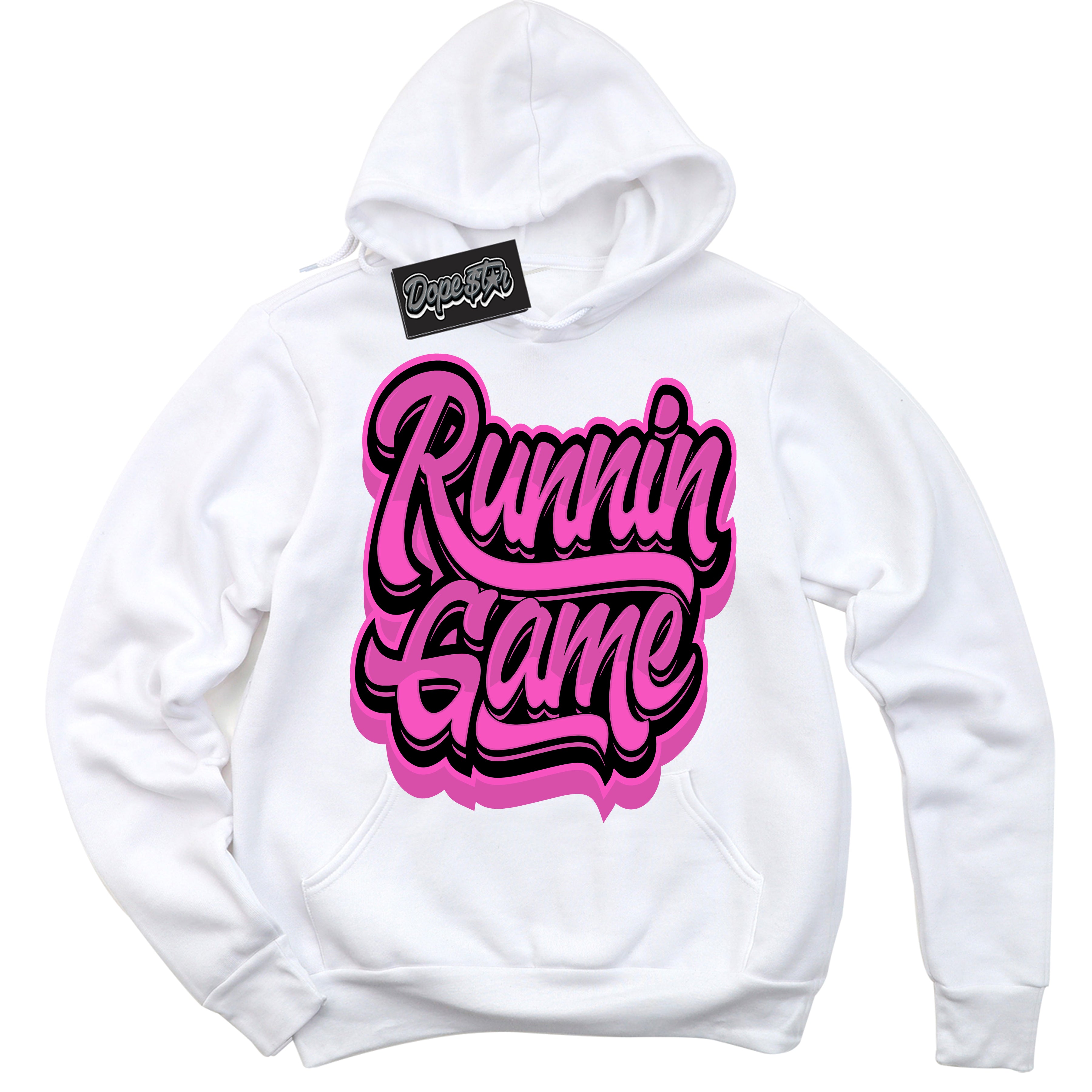 White Hoodie with playful pink and black "Running Game" graphic, made to match Air Max 1 Valentine's Day sneakers | Sneaker Shirts Outlet
