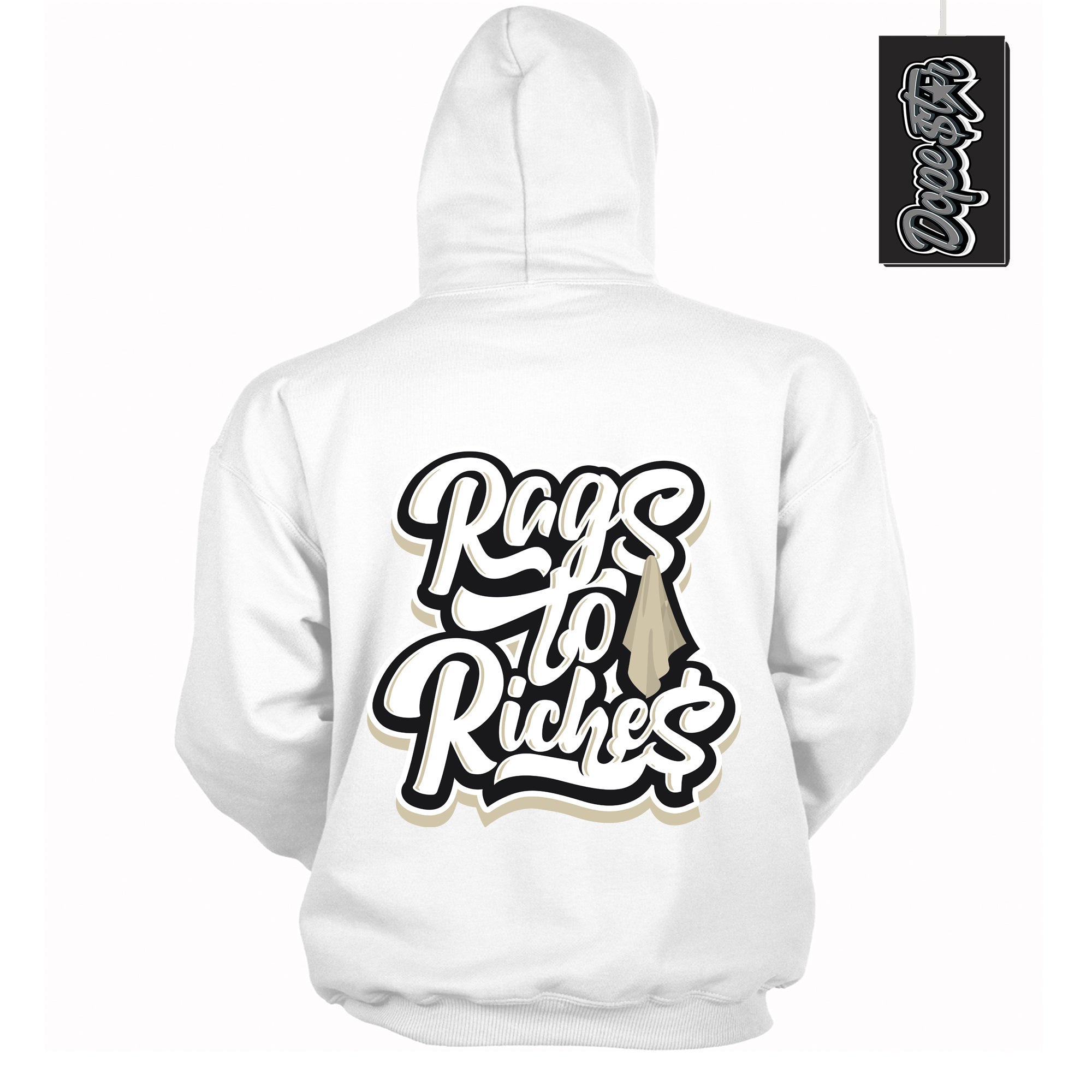 Cool White Hoodie with “ Rags To Riches ” design that Perfectly Matches Gratitude 11s Sneakers.