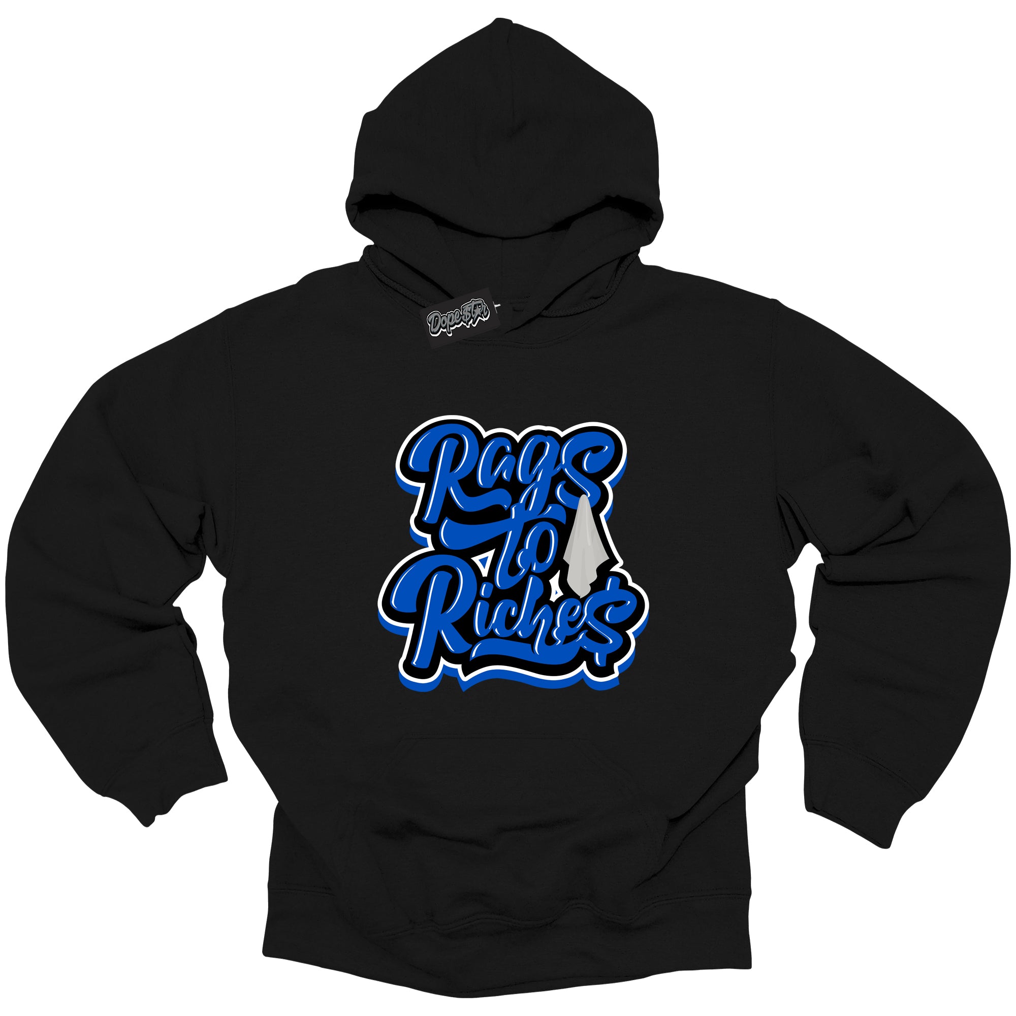 Cool Black Hoodie with “ Rags To Riches ” design that Perfectly Matches Royal Reimagined 1s Sneakers.