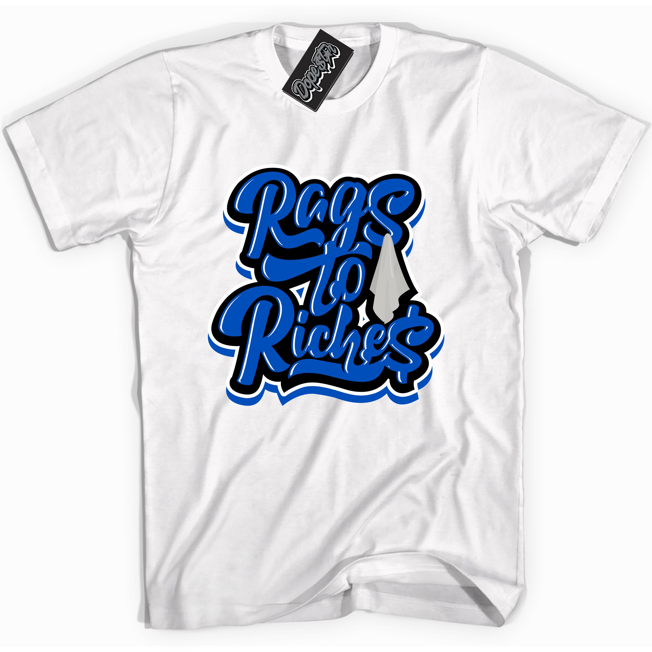 Cool White graphic tee with Rags To Riches print, that perfectly matches OG Royal Reimagined 1s sneakers