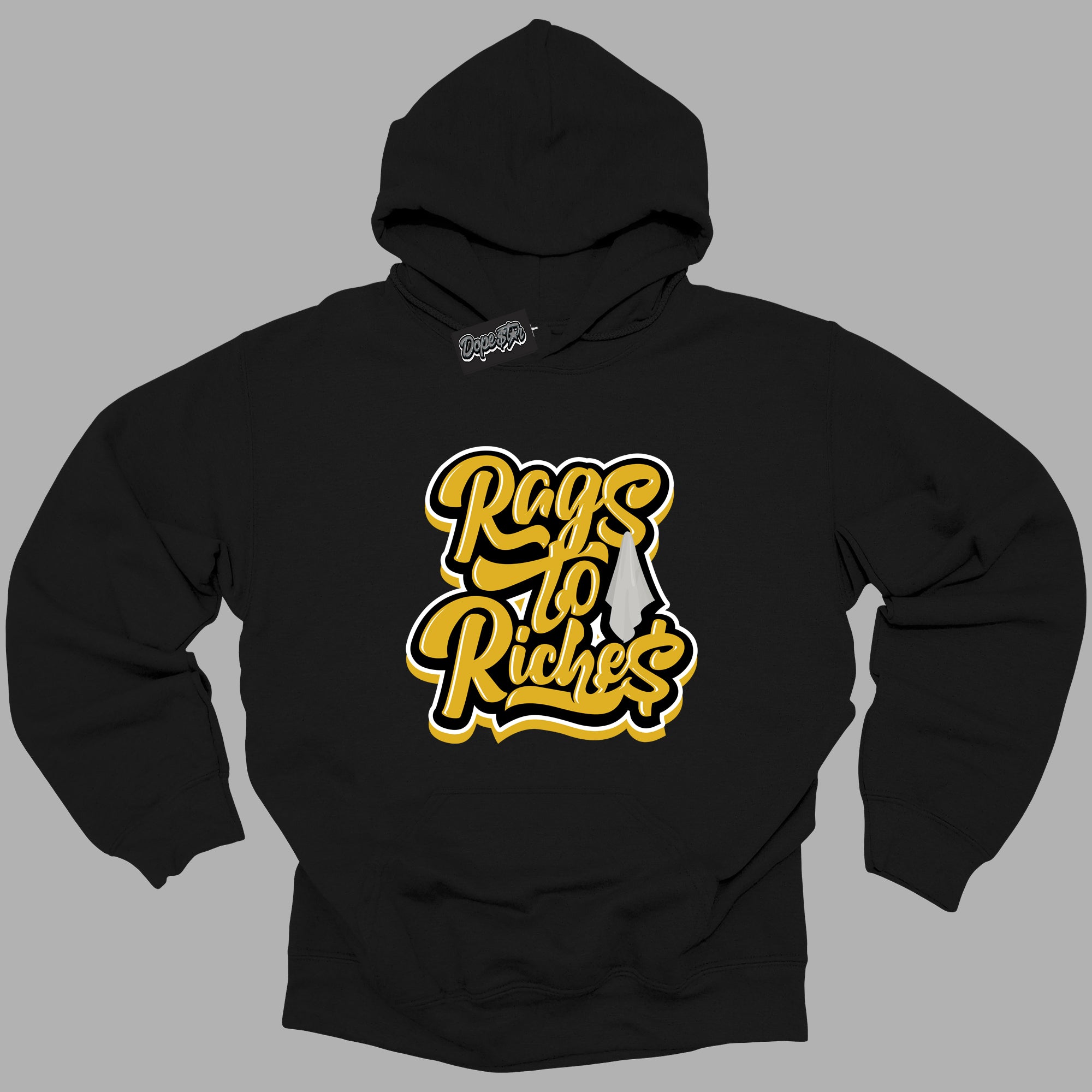 Cool Black Hoodie with “ Rags To Riches ” design that Perfectly Matches Yellow Ochre 6s Sneakers.