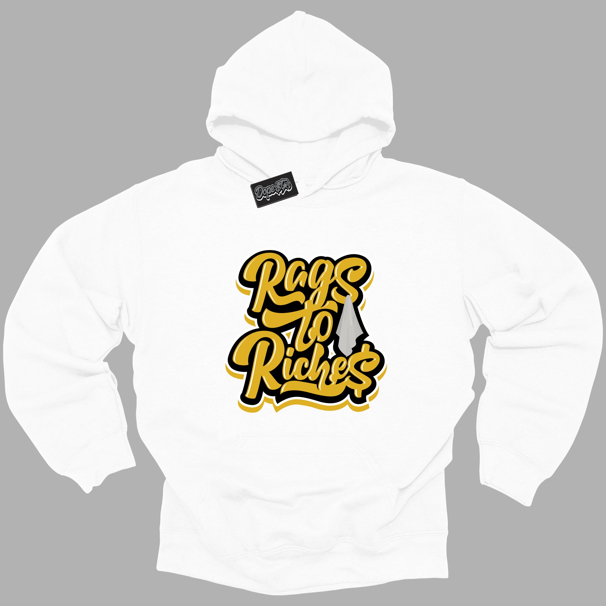Cool White Hoodie with “ Rags To Riches ” design that Perfectly Matches Yellow Ochre 6s Sneakers.
