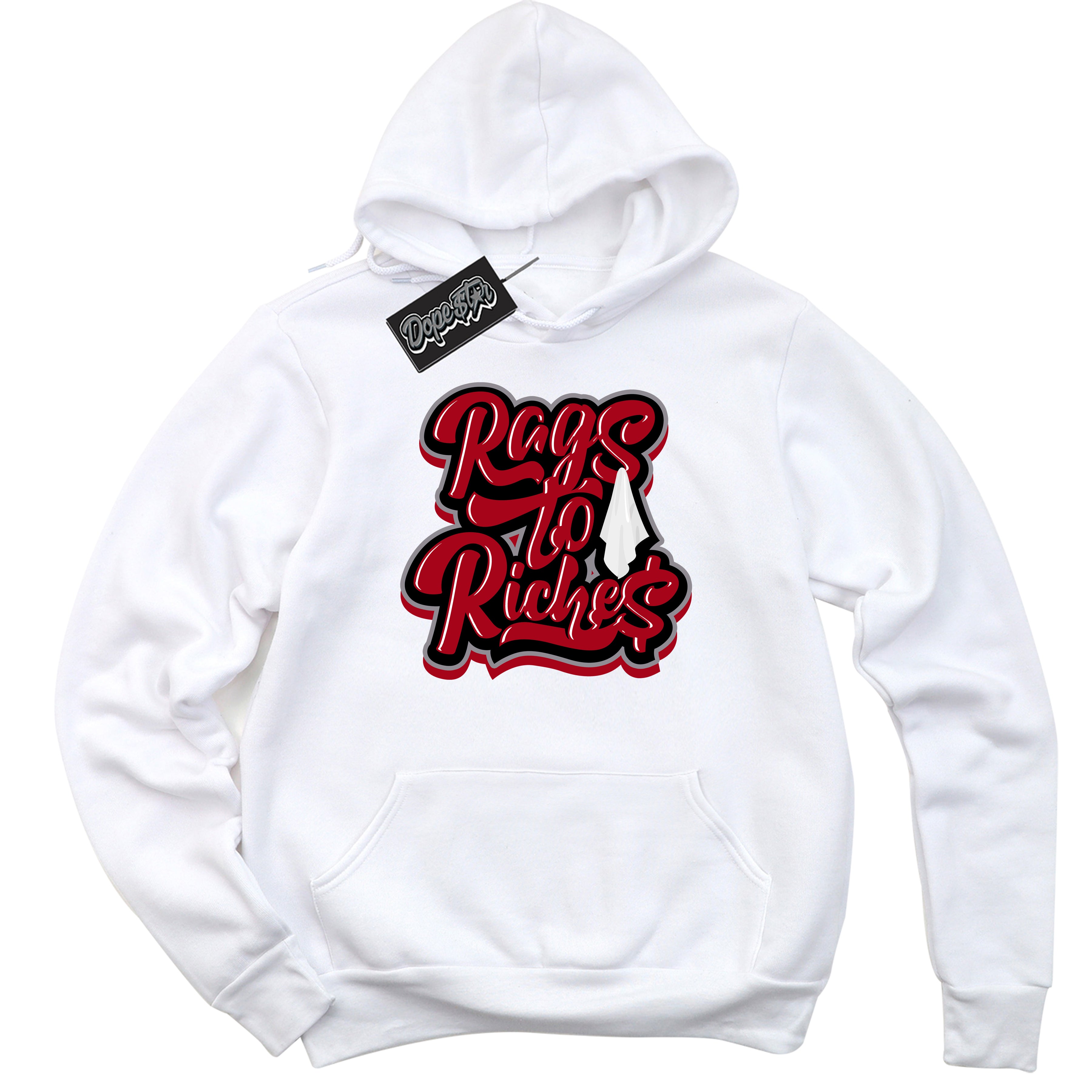 Cool White Hoodie with “ Rags To Riches ” design that Perfectly Matches Bred Reimagined 4s Jordans.