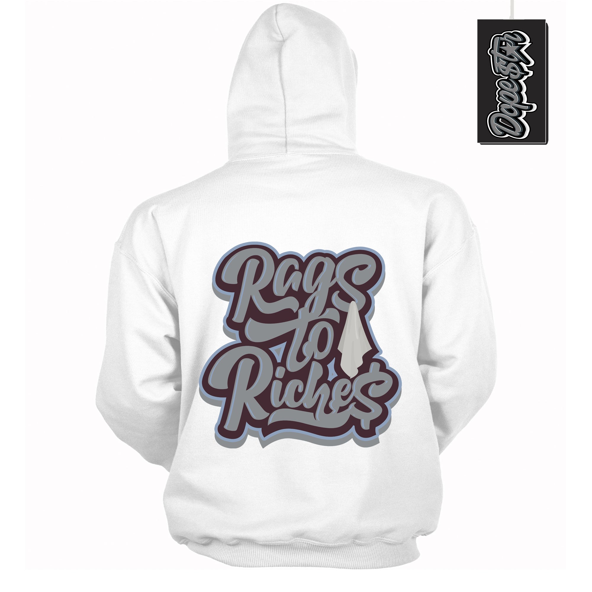 Cool White Hoodie with “ Rags To Riches ” design that Perfectly Matches Burgundy 5s Sneakers.