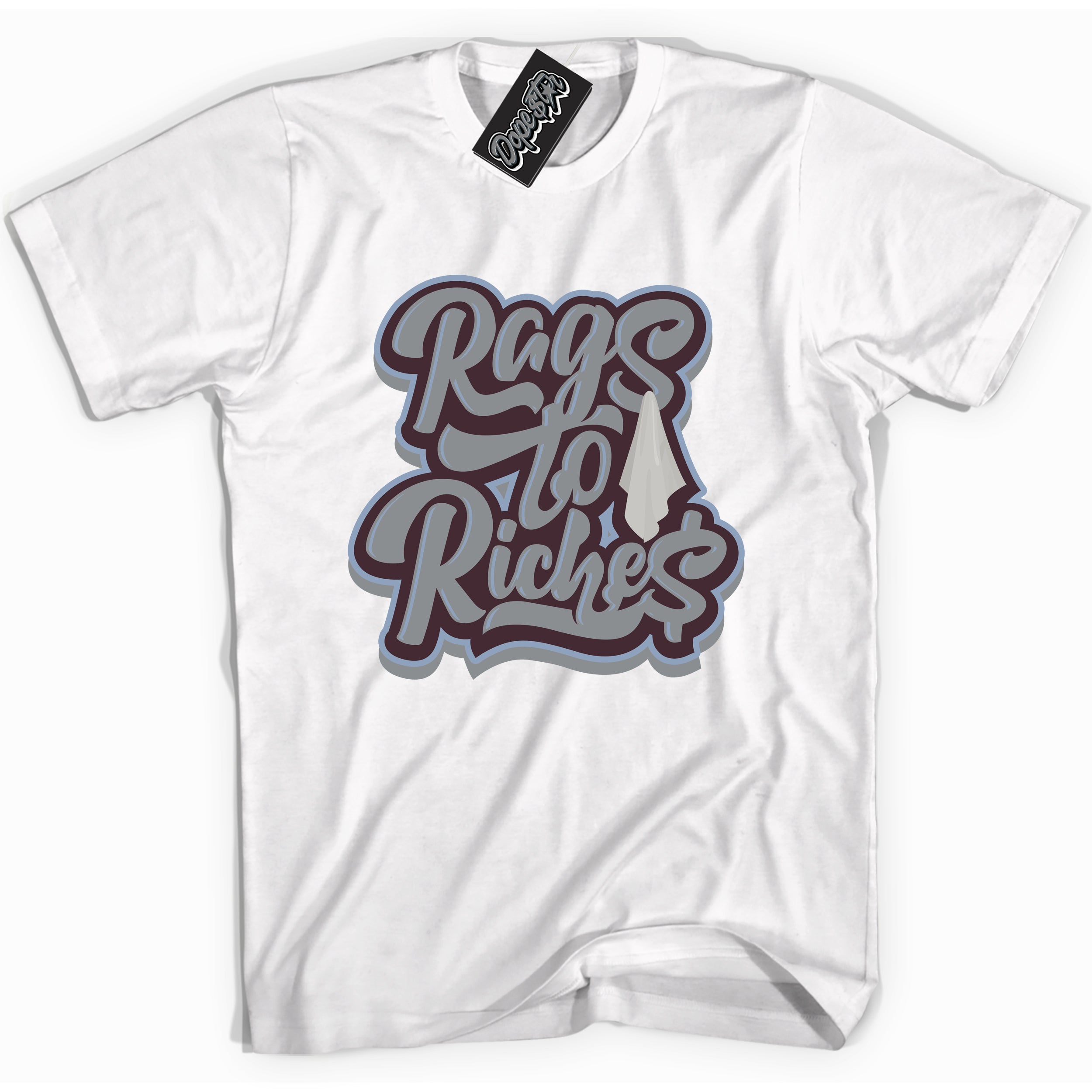 Cool White Shirt with “ Rags To Riches” design that perfectly matches Burgundy 5s Sneakers.