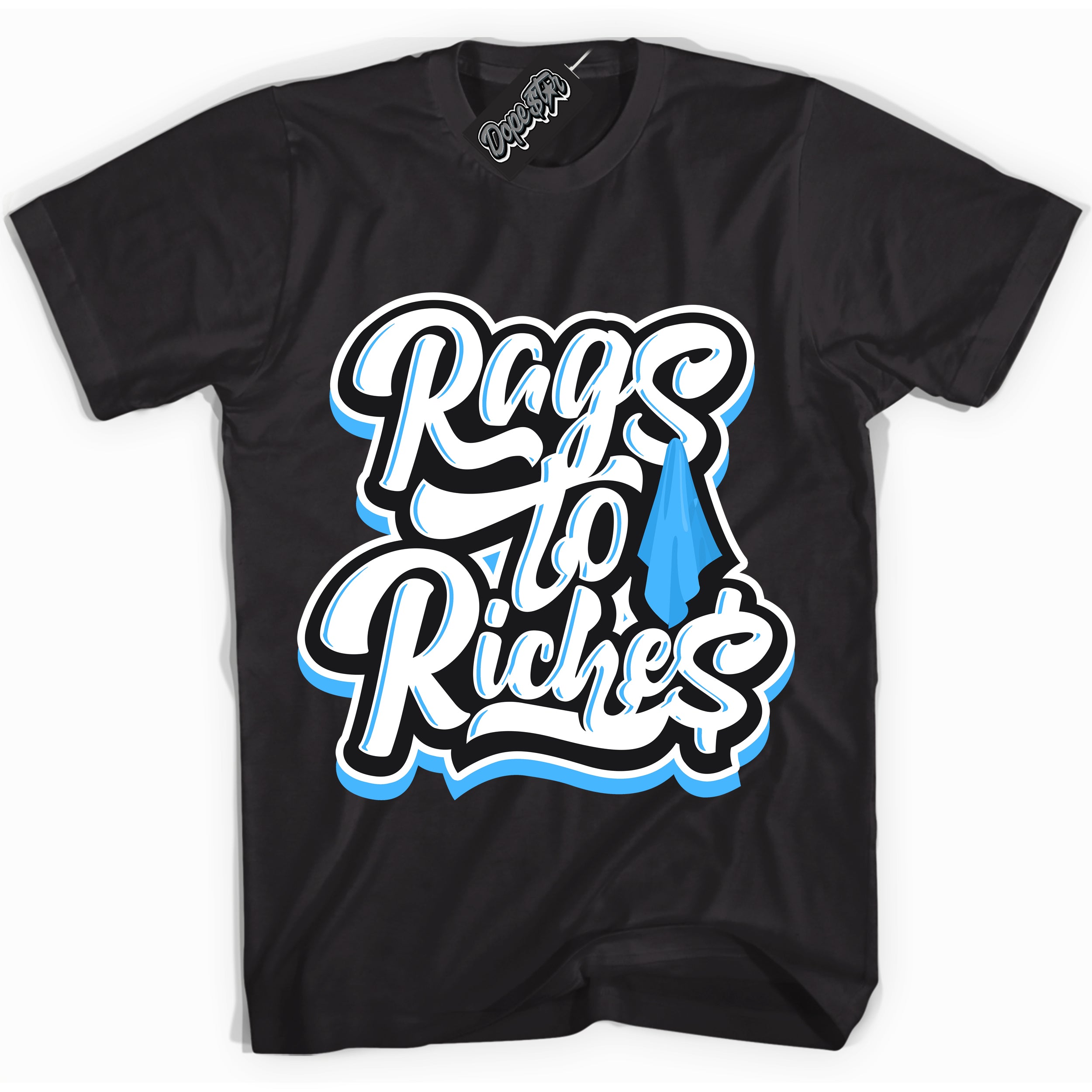 Cool Black graphic tee with “ Rags To Riches ” design, that perfectly matches Powder Blue 9s sneakers