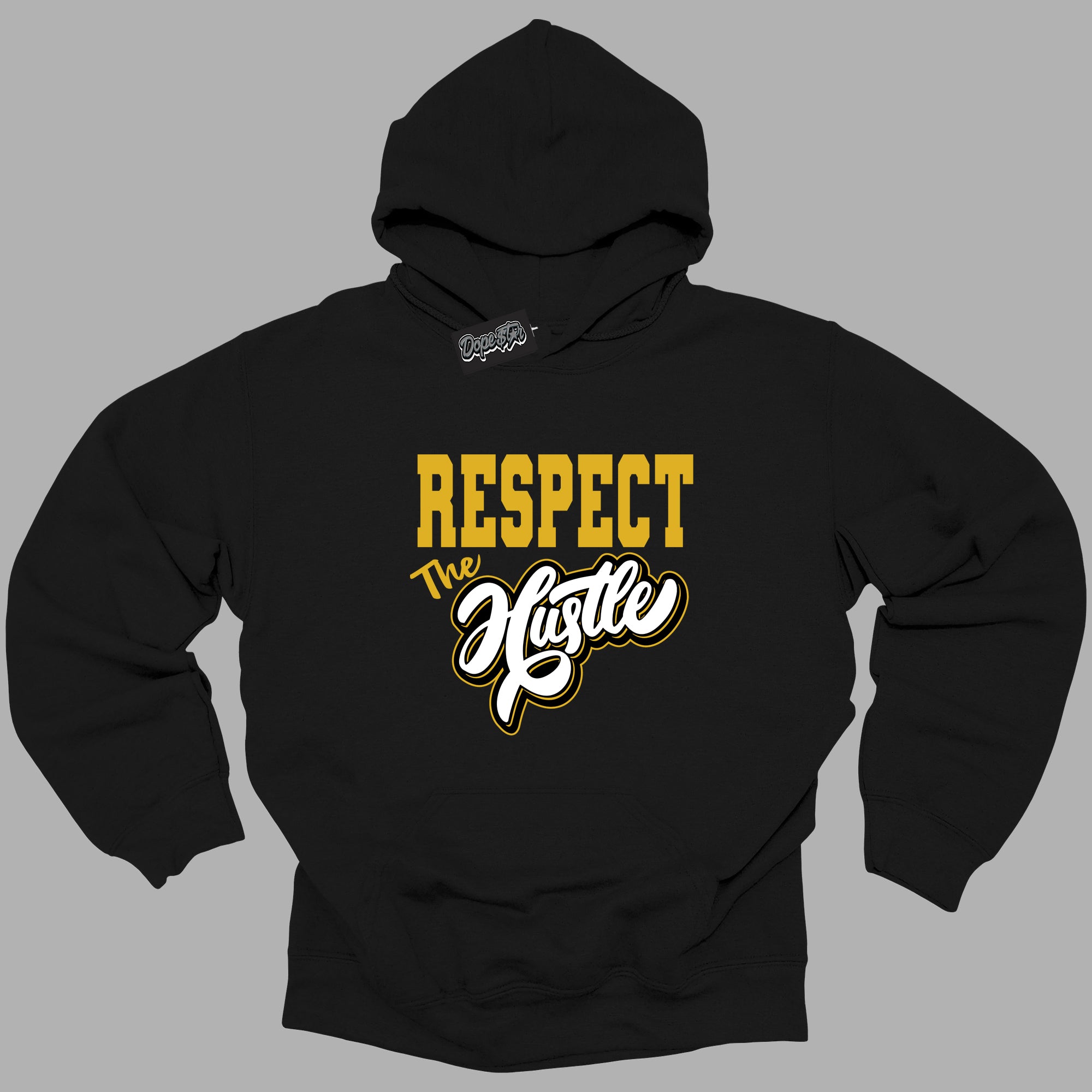 Cool Black Hoodie with “Respect The Hustle ” design that Perfectly Matches Yellow Ochre 6s Sneakers.