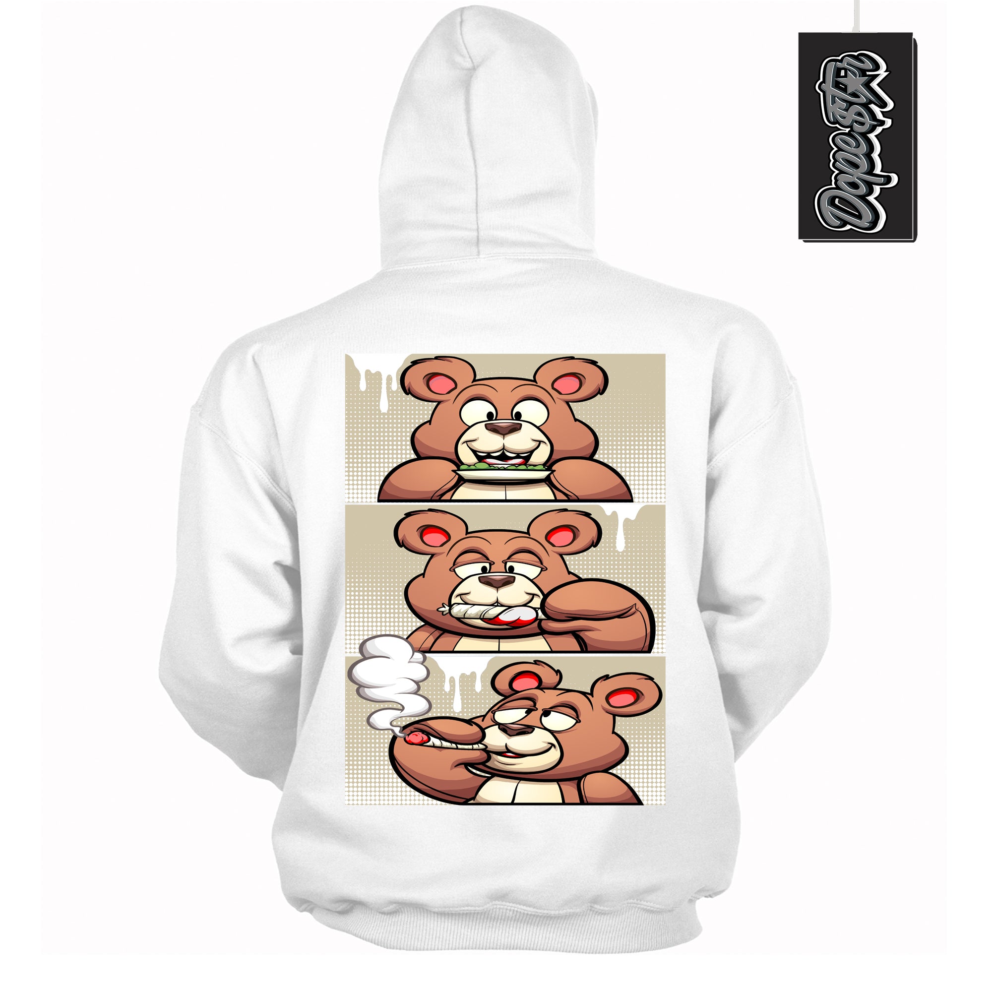 Cool White Hoodie with “ Roll It Lick It Smoke It Bear ” design that Perfectly Matches Gratitude 11s Sneakers.