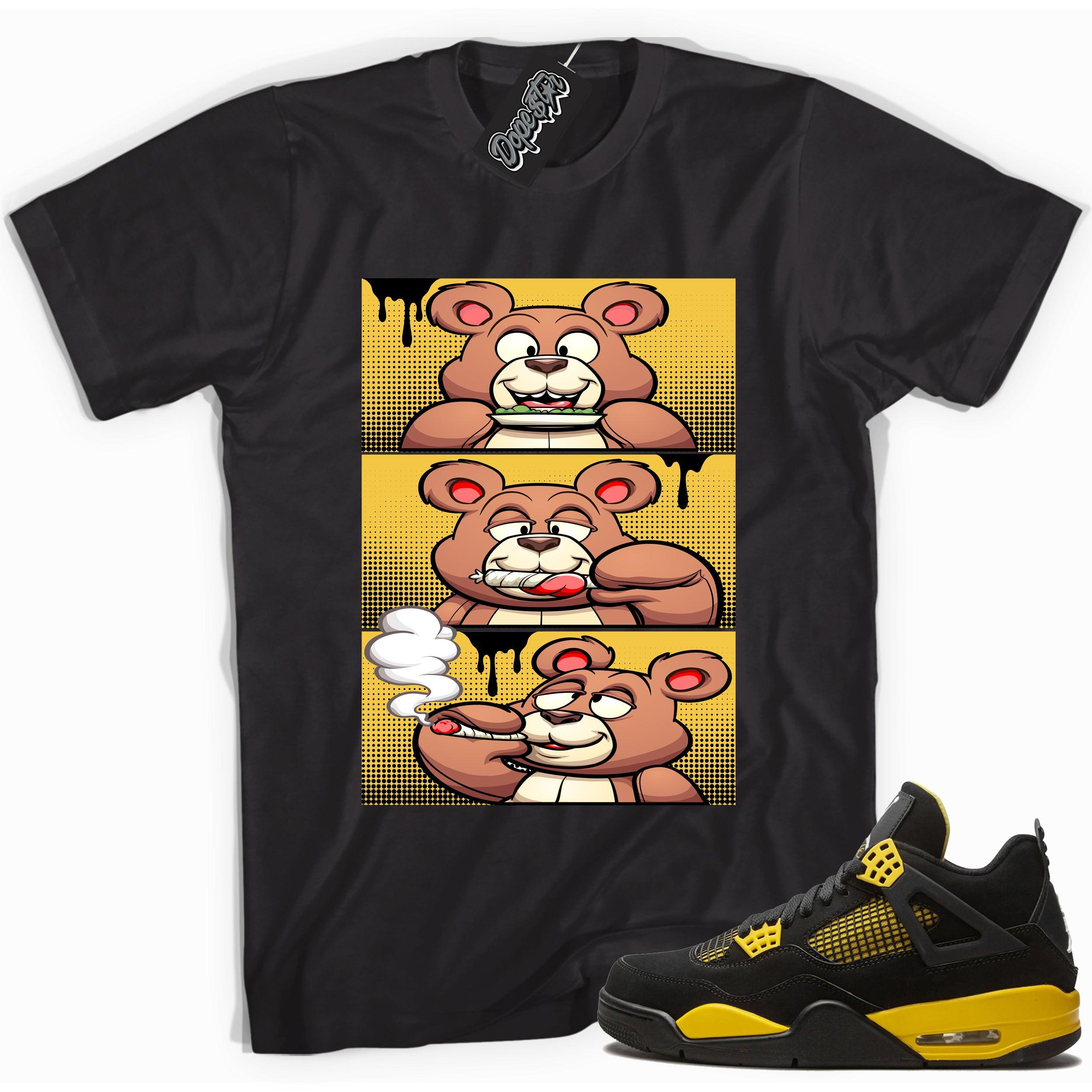 Cool black graphic tee with 'roll it lick it smoke it' print, that perfectly matches Air Jordan 4 Thunder sneakers
