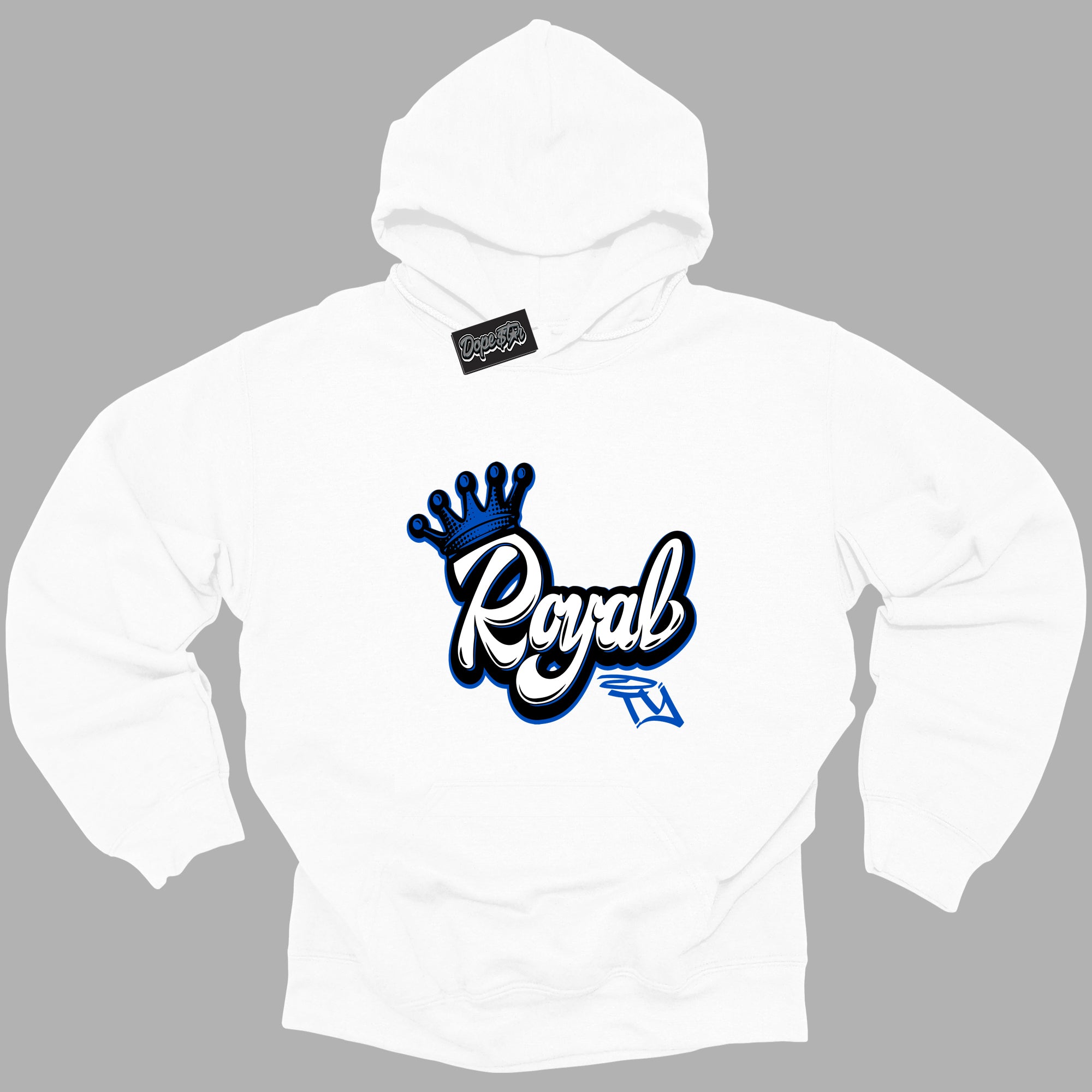 Cool White Hoodie with “ Royalty ” design that Perfectly Matches Royal Reimagined 1s Sneakers.