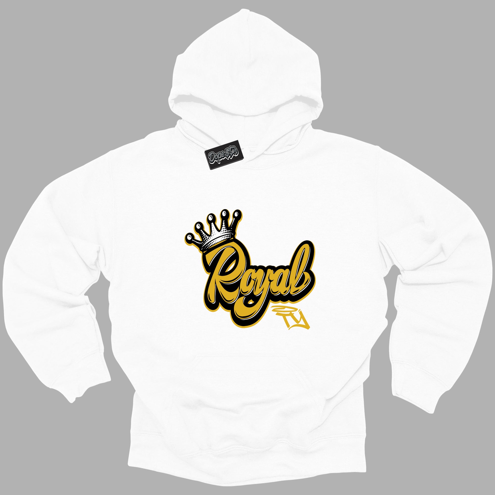 Cool White Hoodie with “ Royalty ” design that Perfectly Matches Yellow Ochre 6s Sneakers.