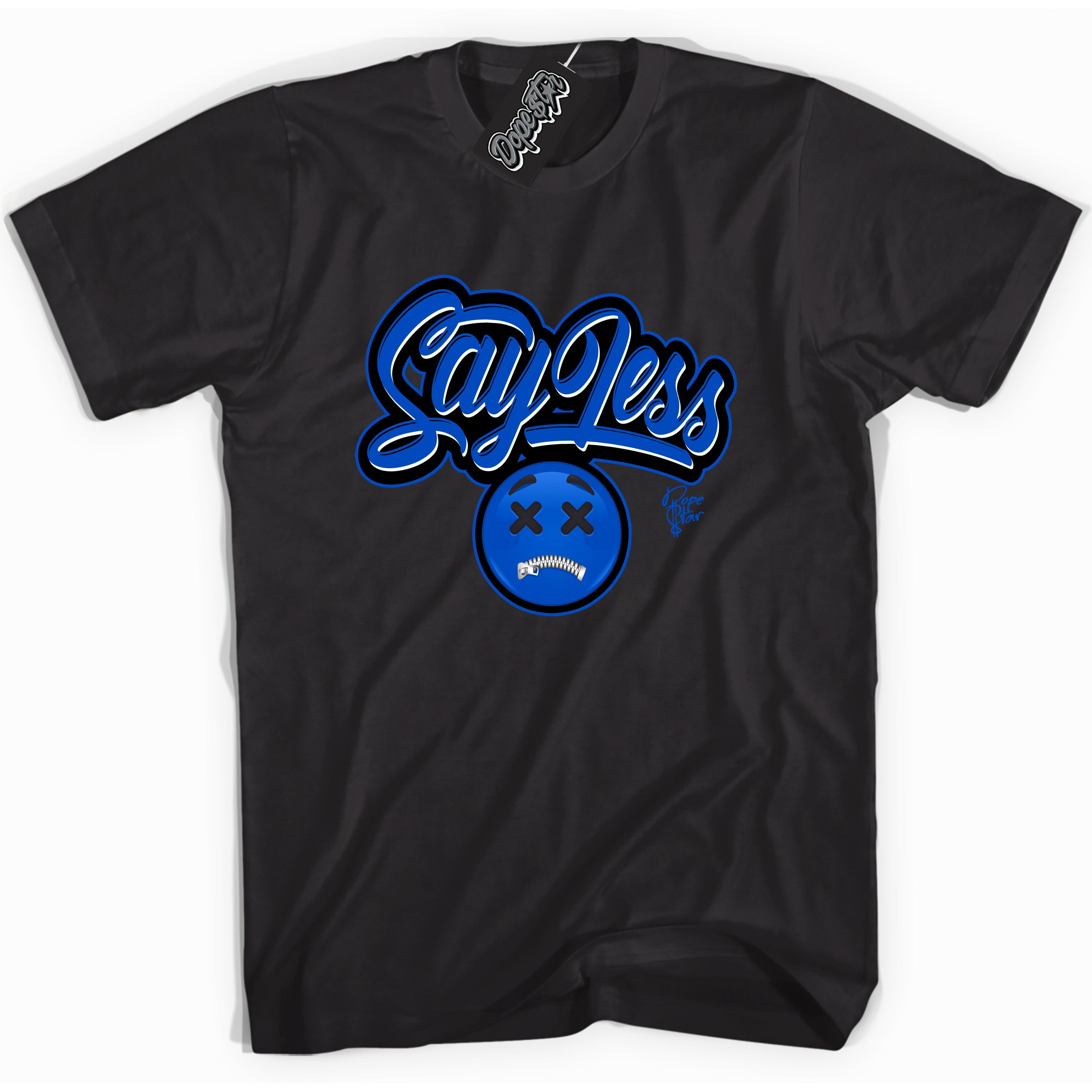 Cool Black graphic tee with Say Less print, that perfectly matches OG Royal Reimagined 1s sneakers