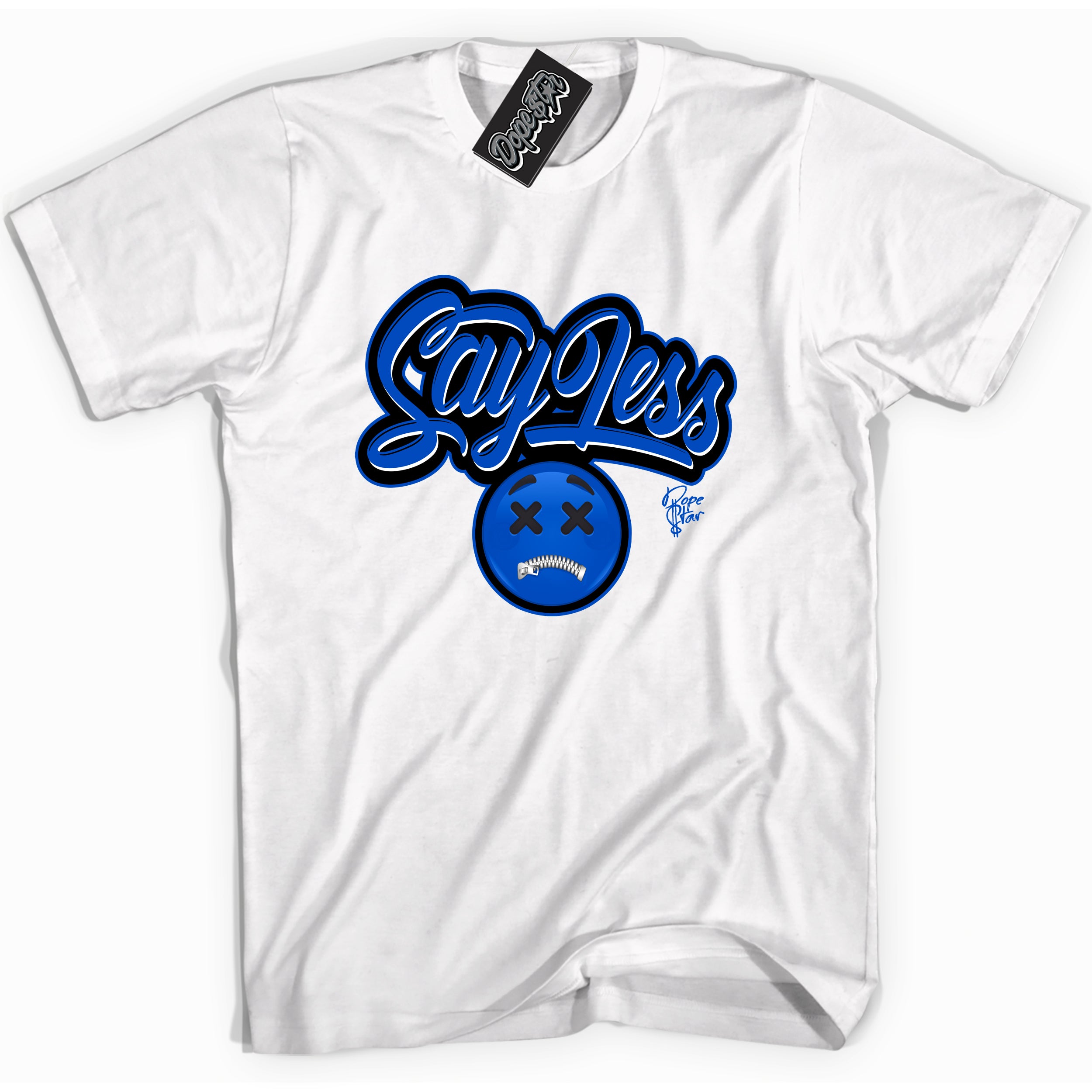 Cool White graphic tee with Say Less print, that perfectly matches OG Royal Reimagined 1s sneakers