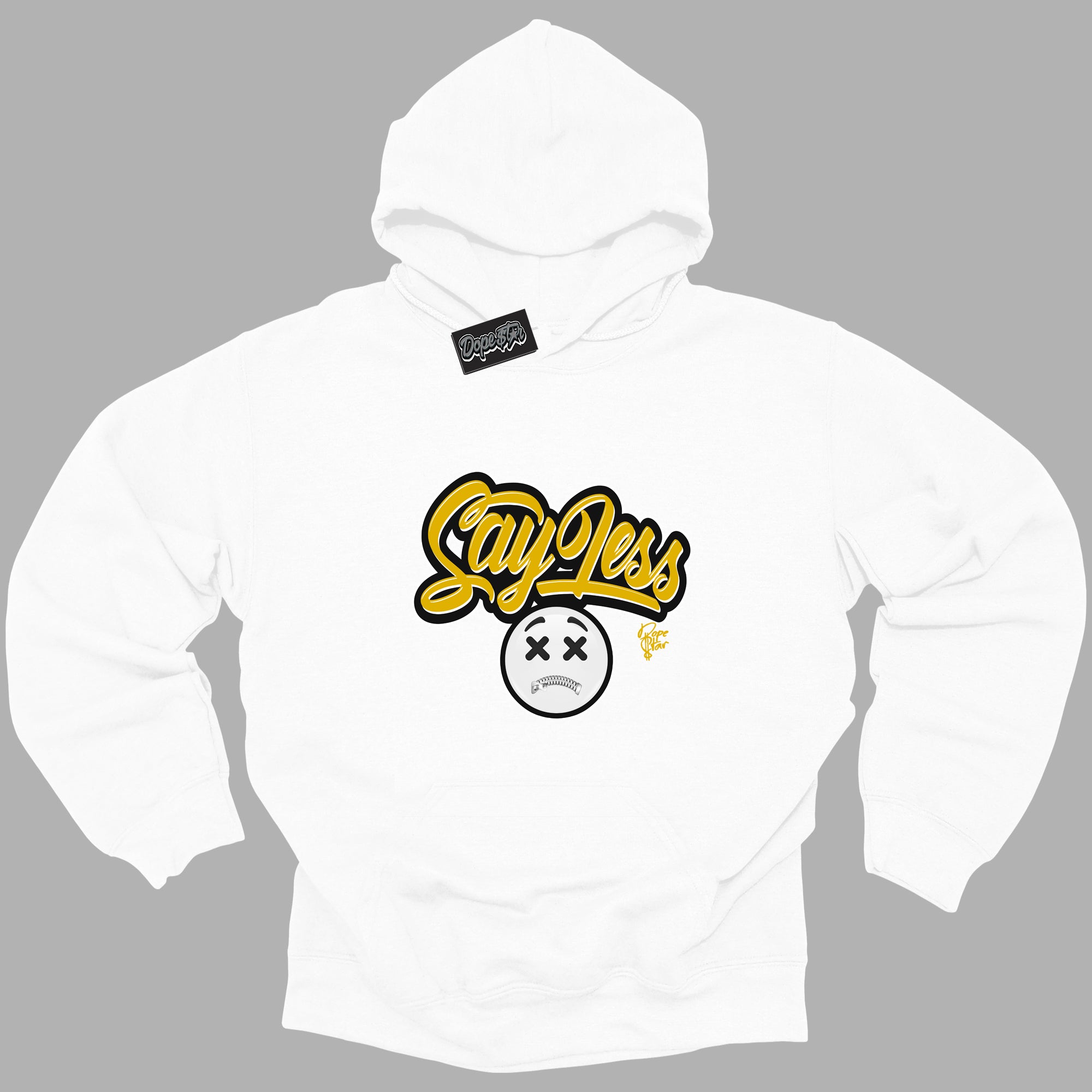 Cool White Hoodie with “Say Less ” design that Perfectly Matches Yellow Ochre 6s Sneakers.