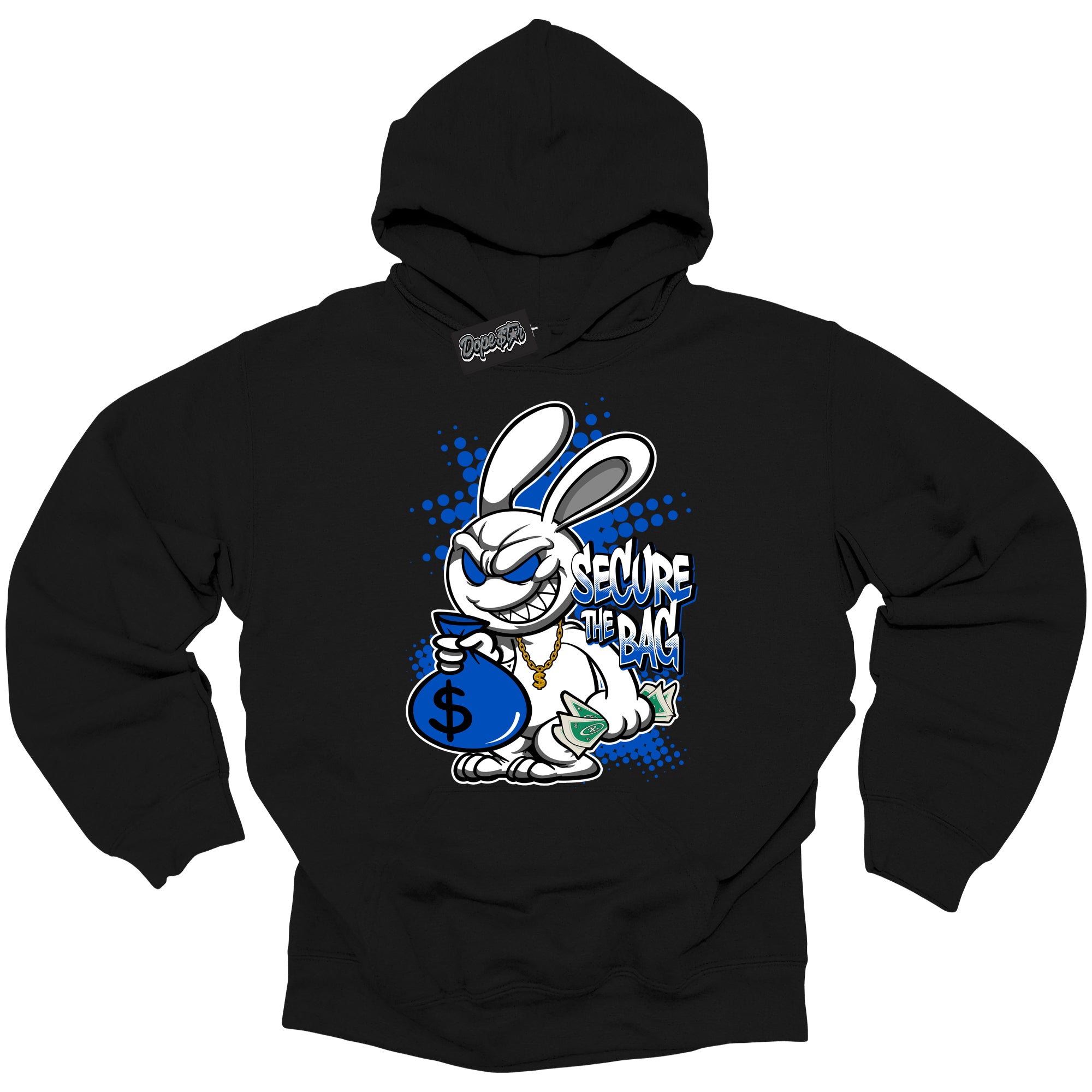 Cool Black Hoodie with “ Secure The Bag ” design that Perfectly Matches Royal Reimagined 1s Sneakers.