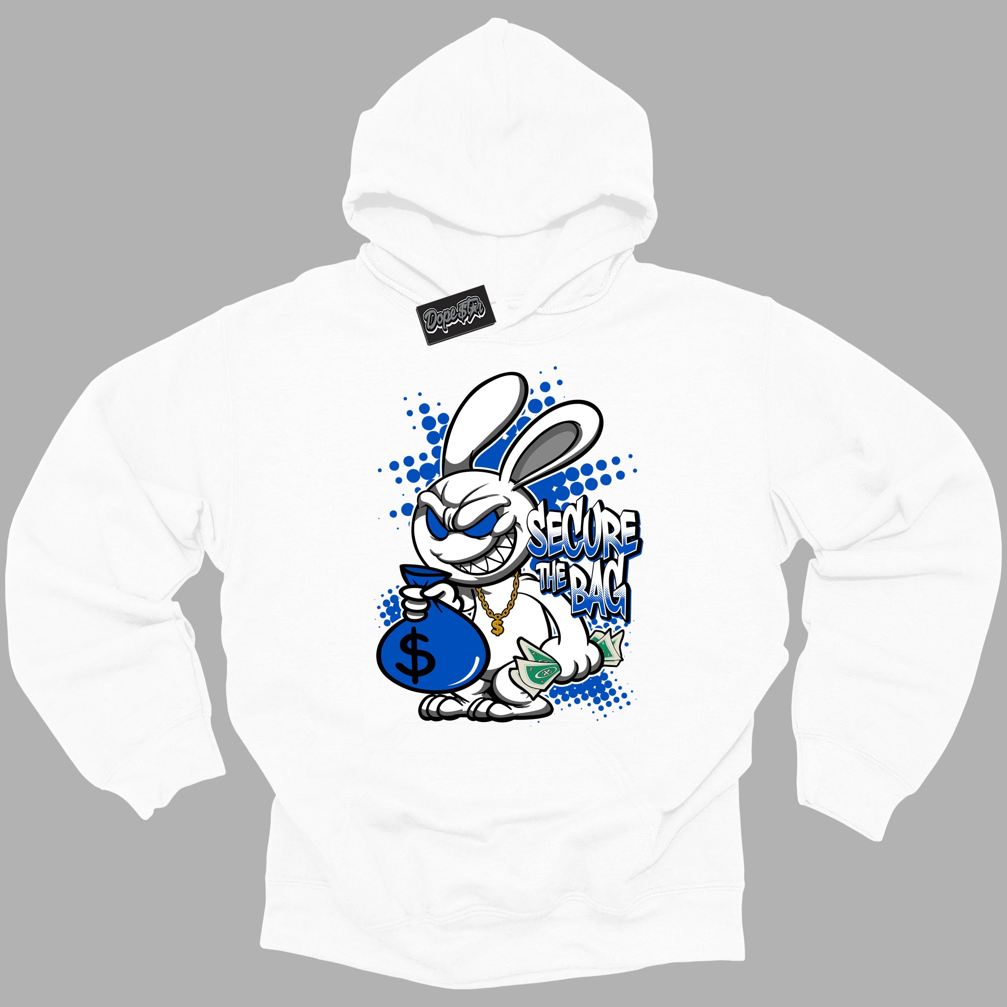 Cool White Hoodie with “ Secure The Bag ” design that Perfectly Matches Royal Reimagined 1s Sneakers.