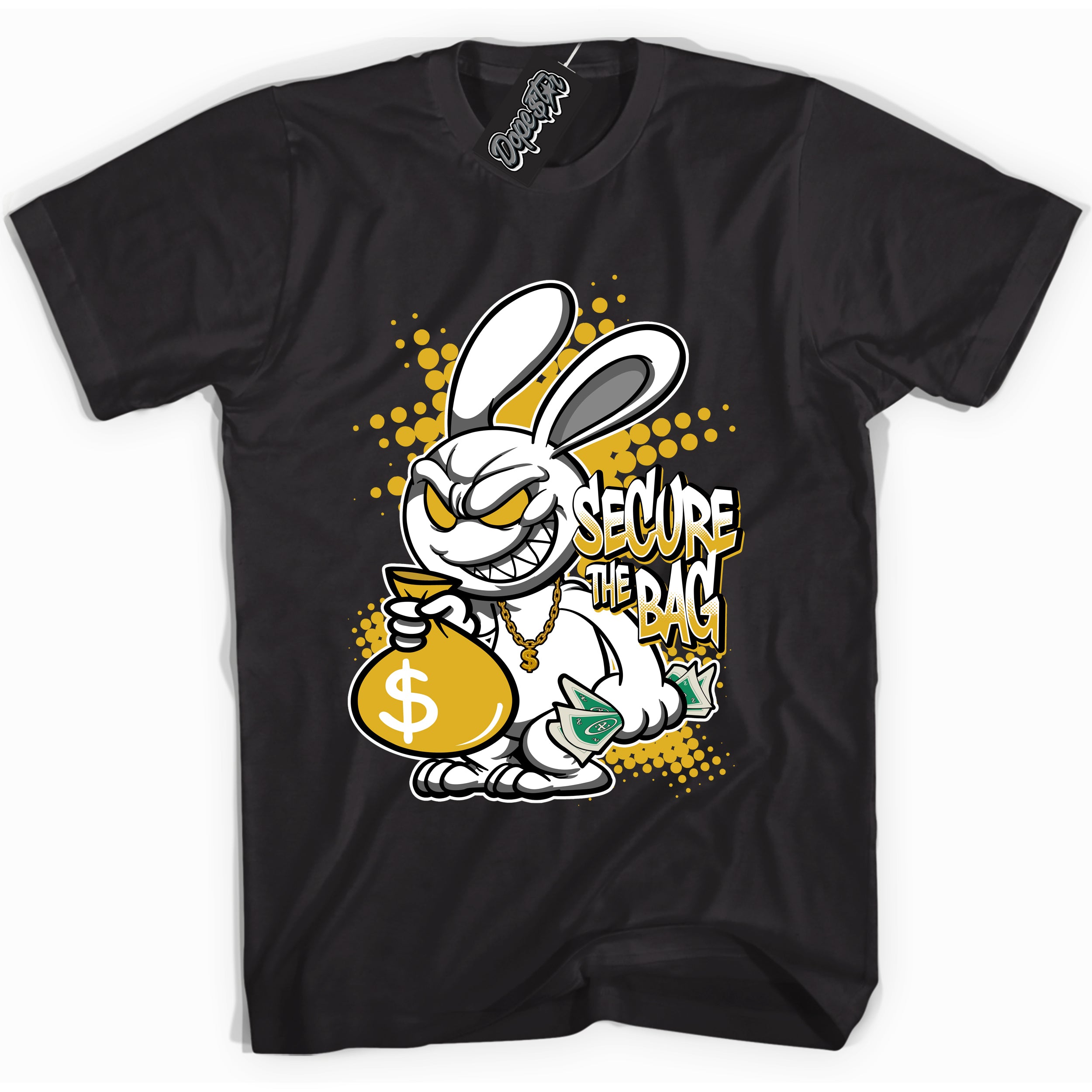Cool Black Shirt with “ Secure The Bag ” design that perfectly matches Yellow Ochre 6s Sneakers.