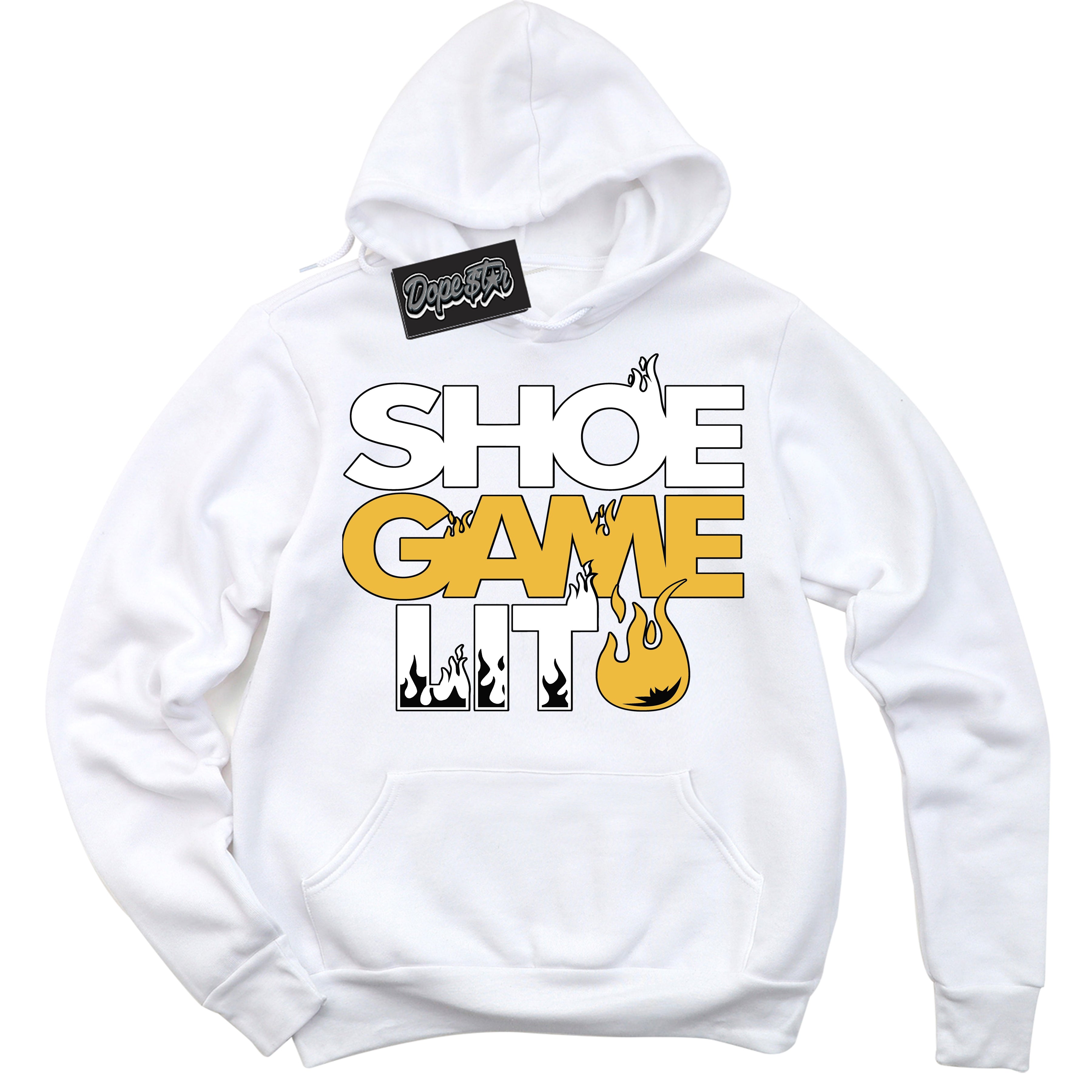 Cool White Hoodie with “ Shoe Game Lit '' design that Perfectly Matches Yellow Ochre 1s Sneakers.