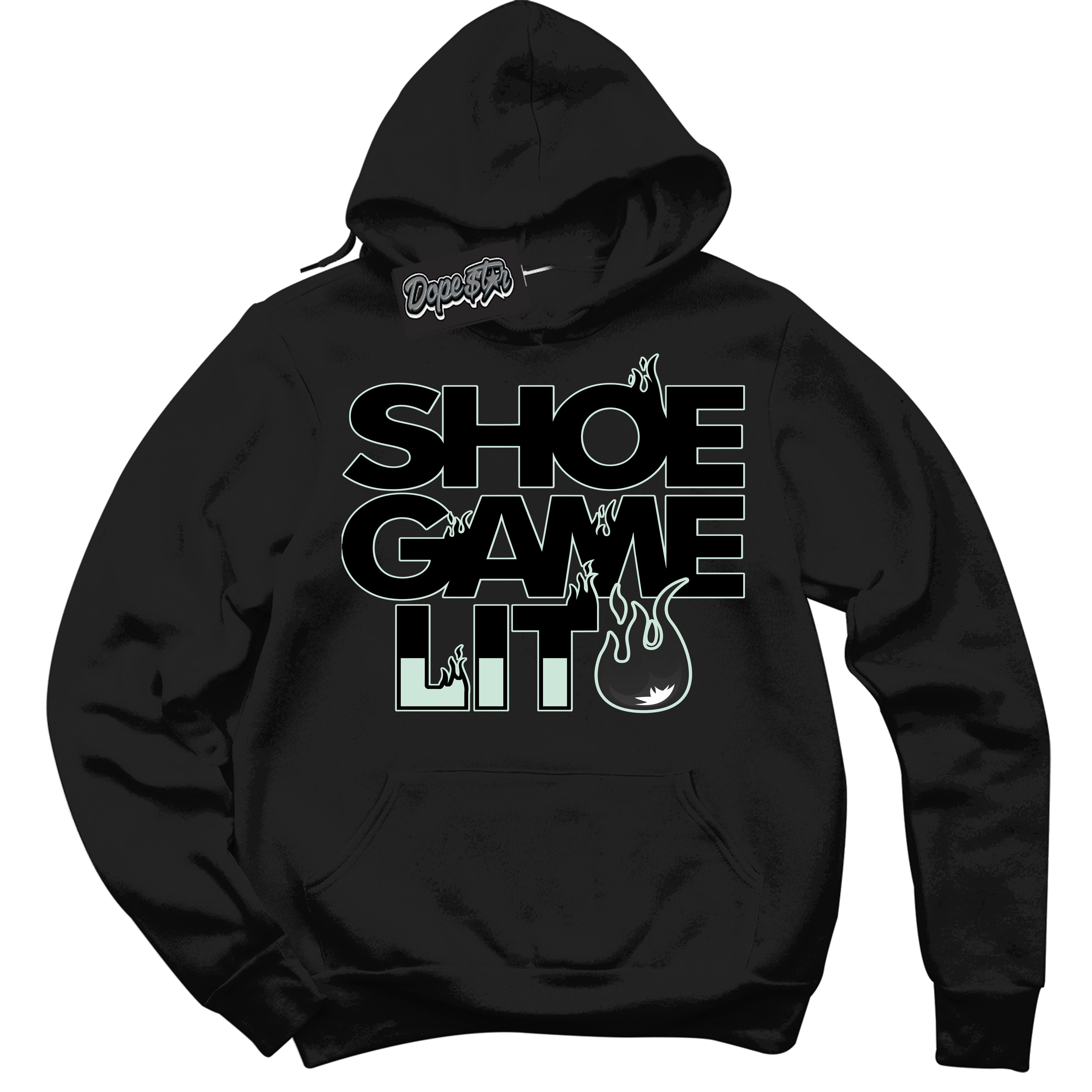 Cool Black Hoodie with “ Shoe Game Lit '' design that Perfectly Matches Dark Smoke Grey Barely Green Sneakers.