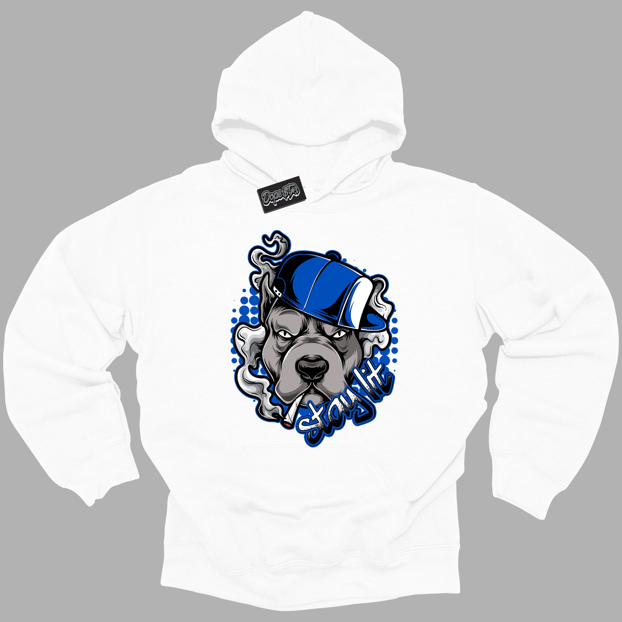 Cool White Hoodie with “ Stay Lit ” design that Perfectly Matches Royal Reimagined 1s Sneakers.