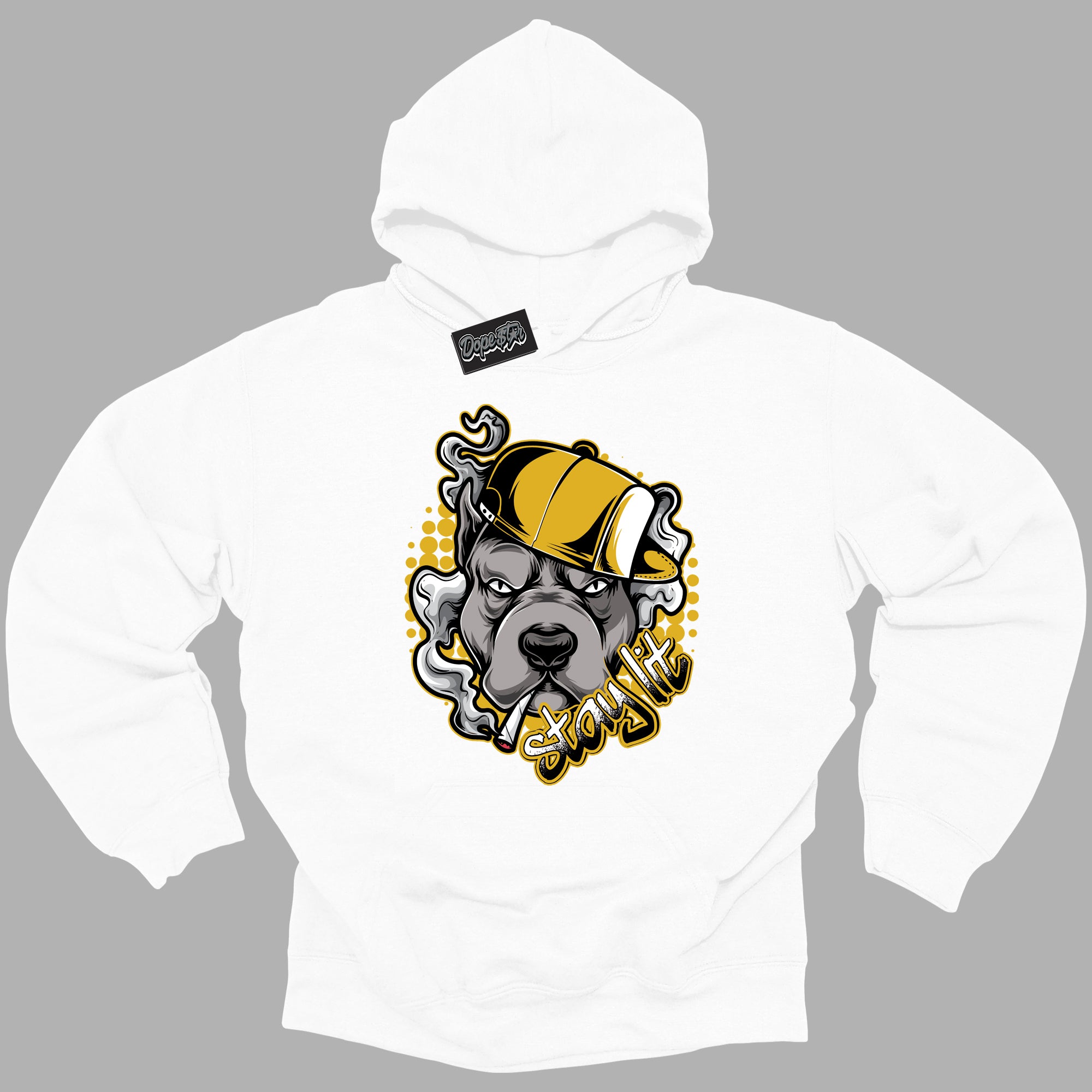 Cool White Hoodie with “ Stay Lit ” design that Perfectly Matches Yellow Ochre 6s Sneakers.