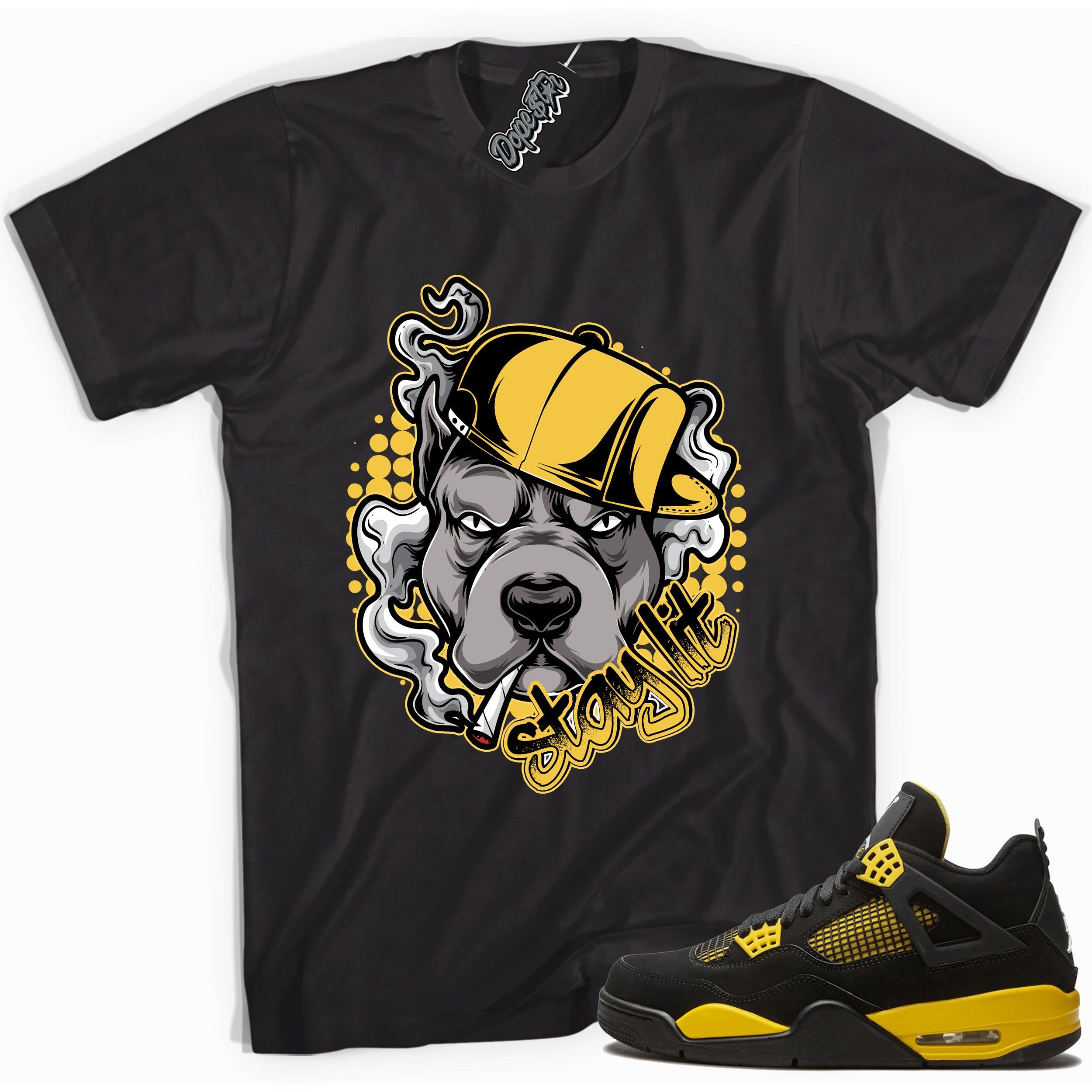 Cool black graphic tee with 'stay lit' print, that perfectly matches Air Jordan 4 Thunder sneakers