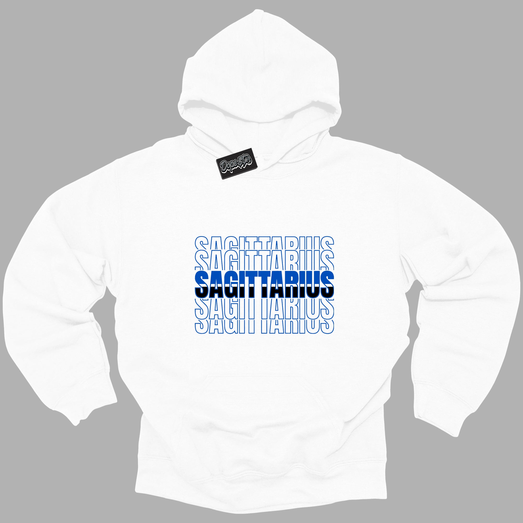 Cool White Hoodie with “ Sagittarius ” design that Perfectly Matches Royal Reimagined 1s Sneakers.