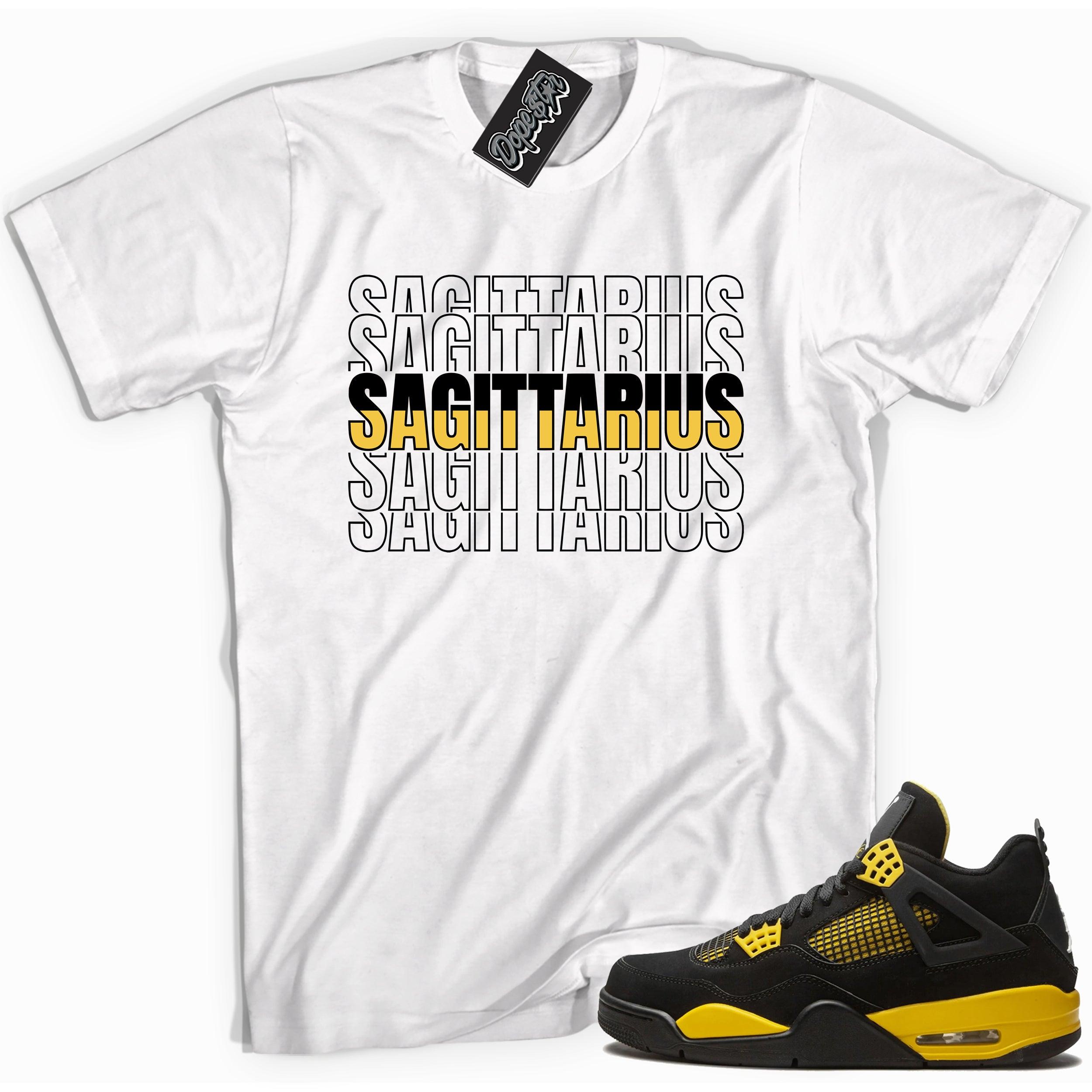 Cool white graphic tee with 'sagittarius' print, that perfectly matches Air Jordan 4 Thunder sneakers