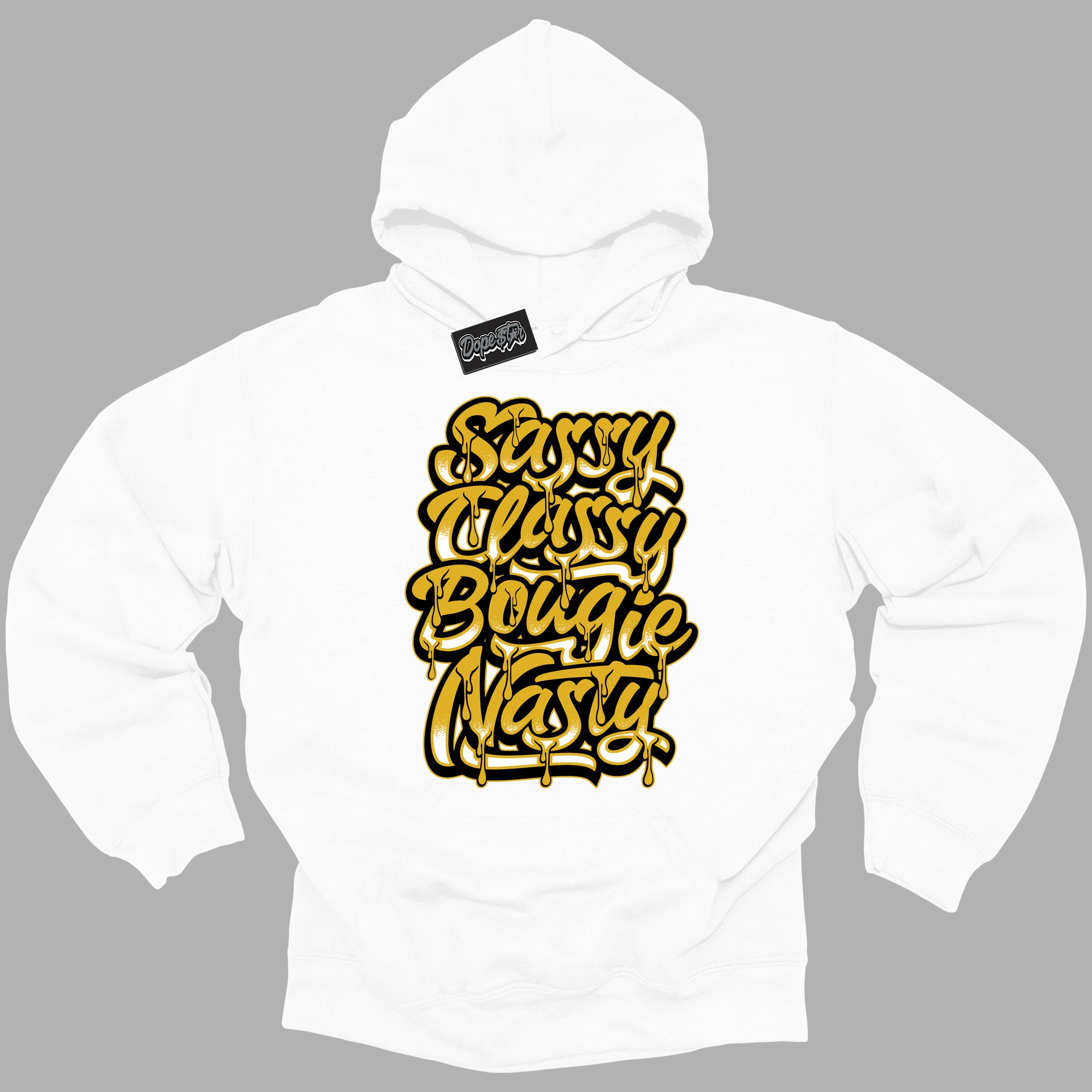 Cool White Hoodie with “ Sassy Classy ” design that Perfectly Matches Yellow Ochre 6s Sneakers.
