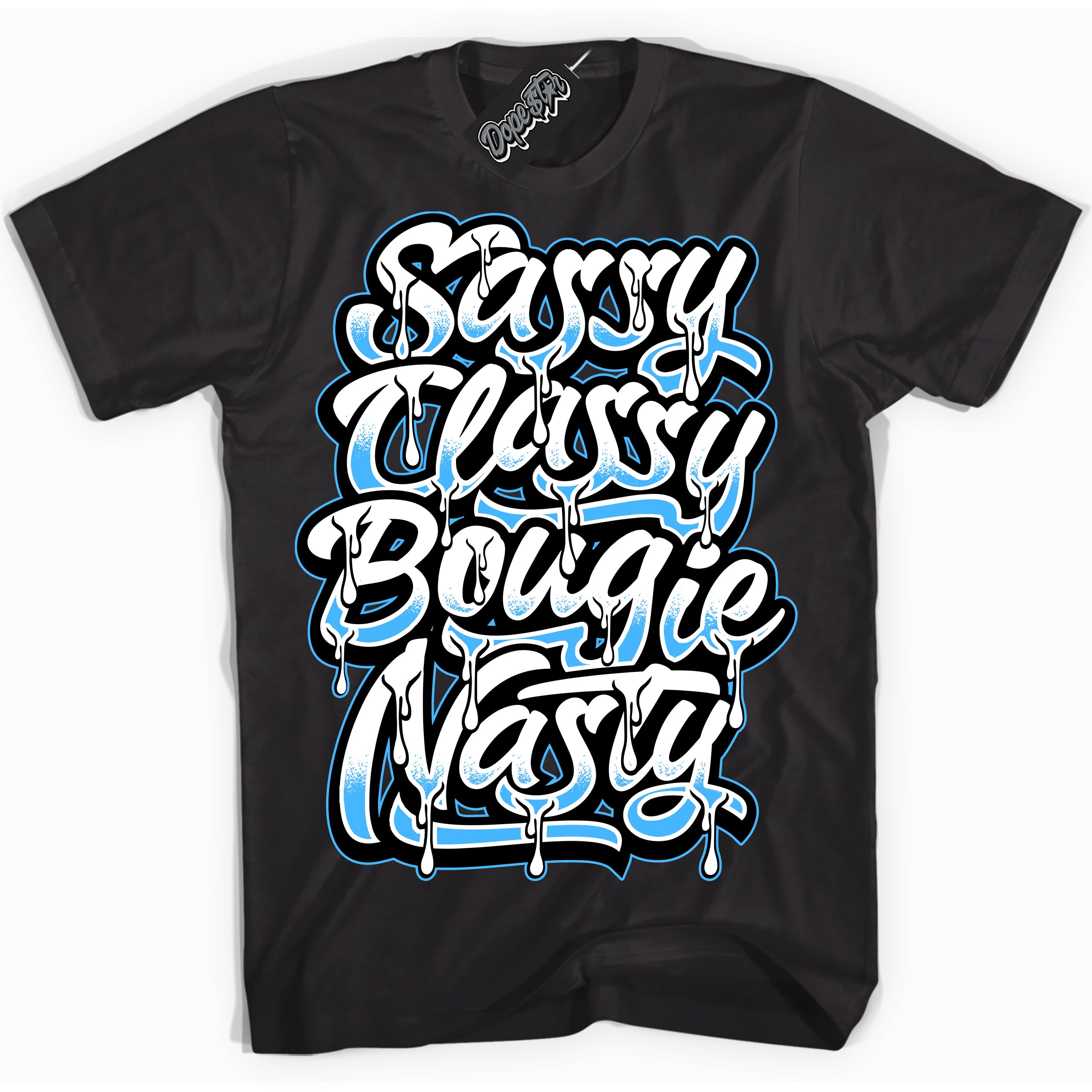 Cool Black graphic tee with “ Sassy Classy ” design, that perfectly matches Powder Blue 9s sneakers