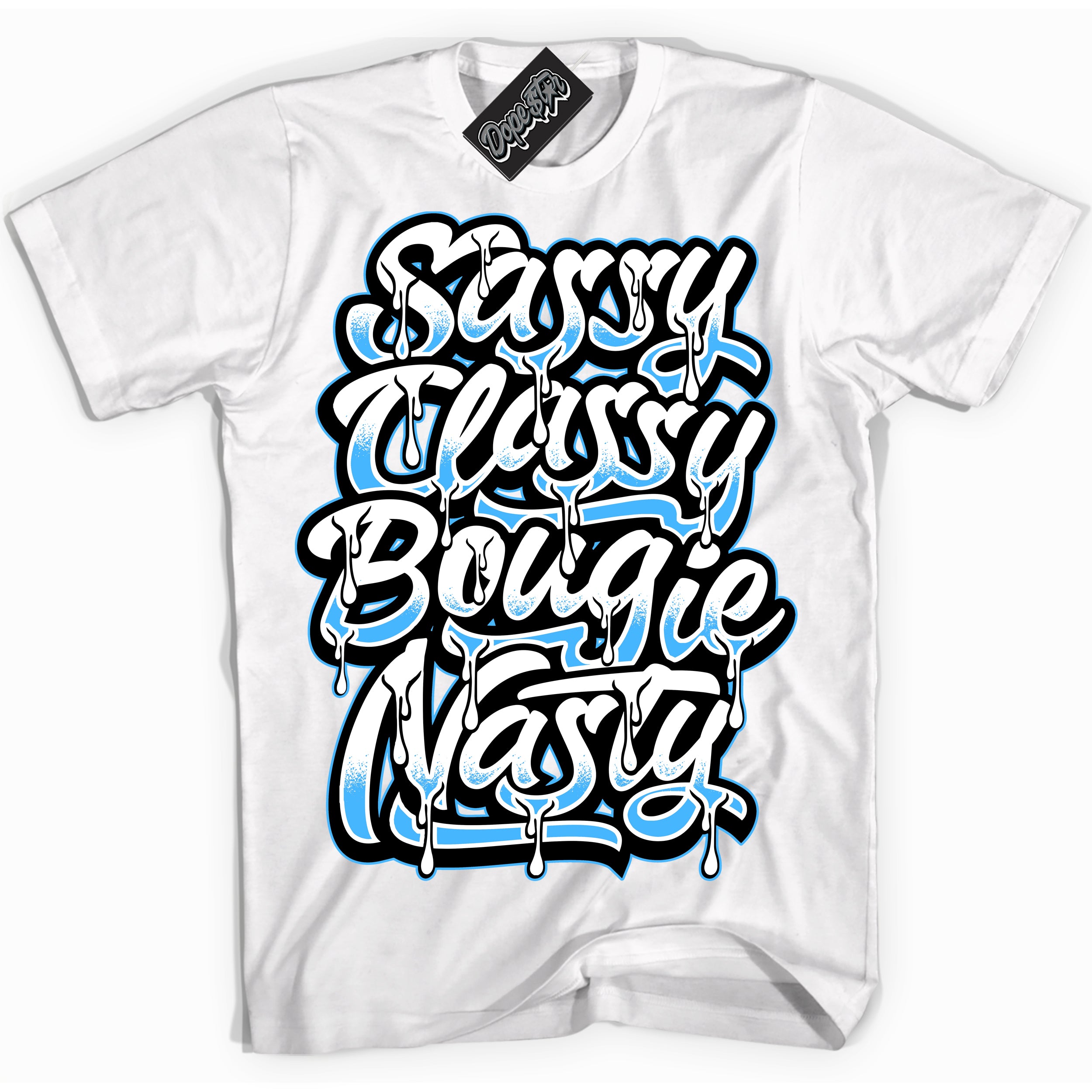 Cool White graphic tee with “ Sassy Classy ” design, that perfectly matches Powder Blue 9s sneakers