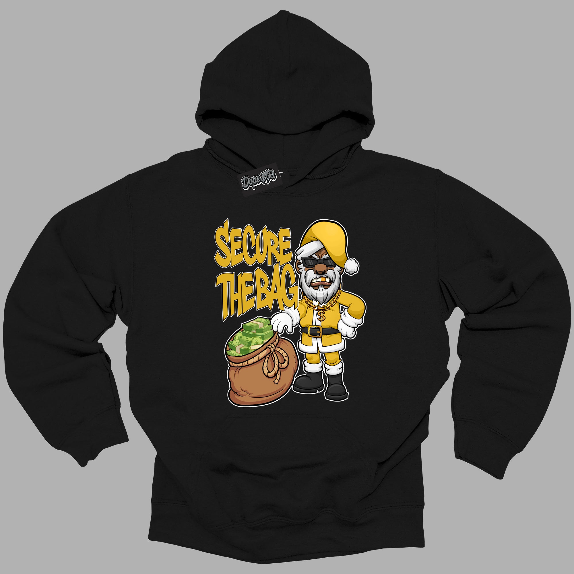 Cool Black Hoodie with “ Secure The Bag Santa ” design that Perfectly Matches Yellow Ochre 6s Sneakers.